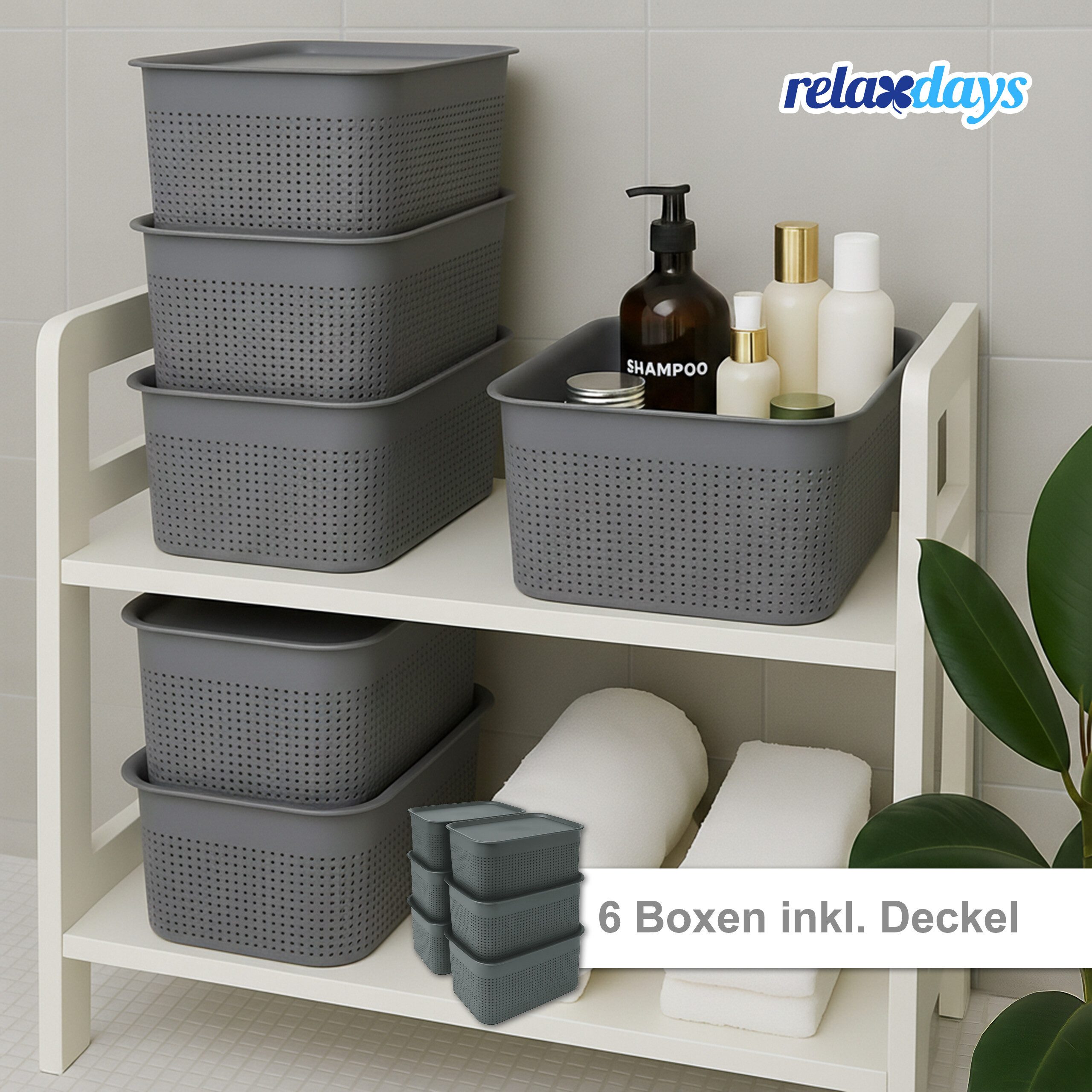 relaxdays Aufbewahrungsbox mit Deckel 6er Set (6 St), Dunkelgrau – Bild 2 von 5