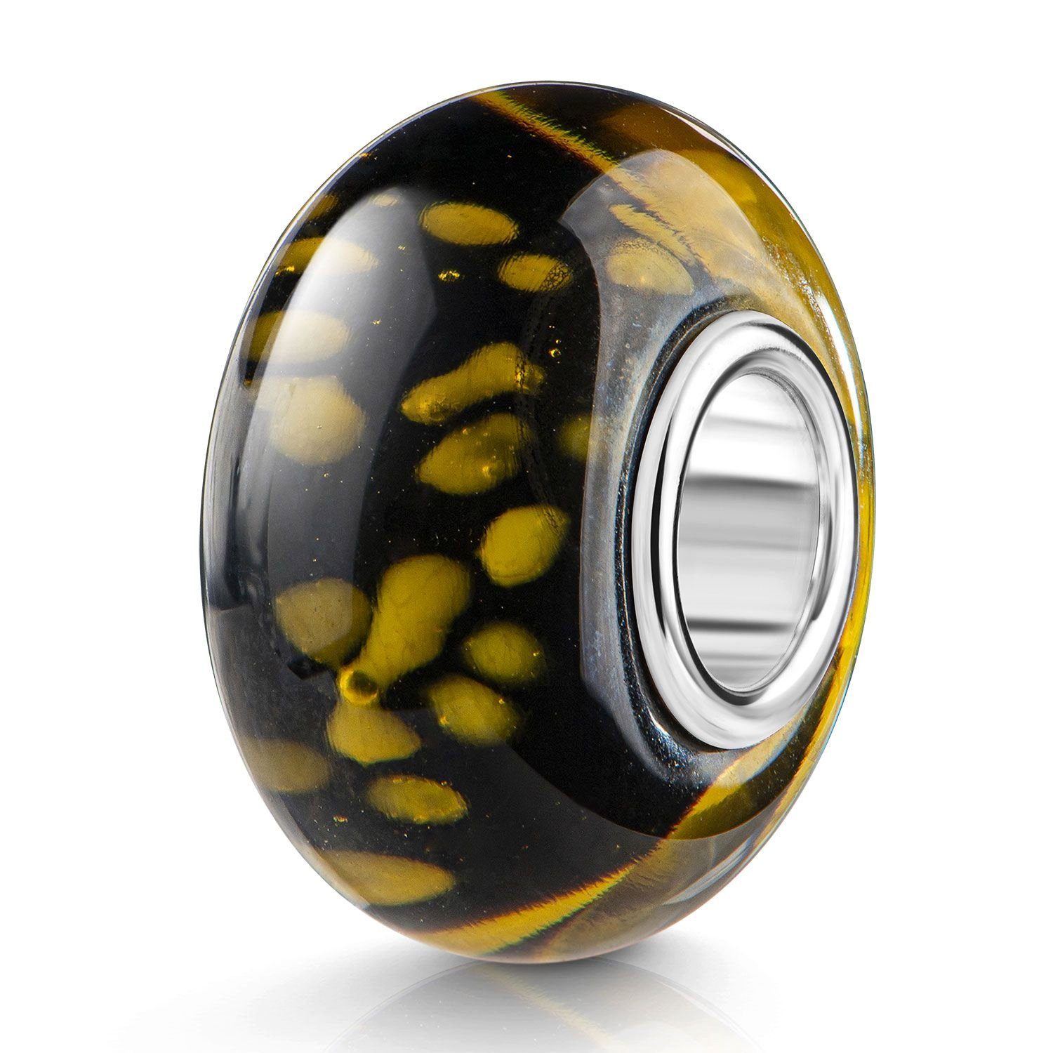 Bead Glasperle Punkte gemustert abstrakt Schwarz Gelb Hülse 925 Silber 105
