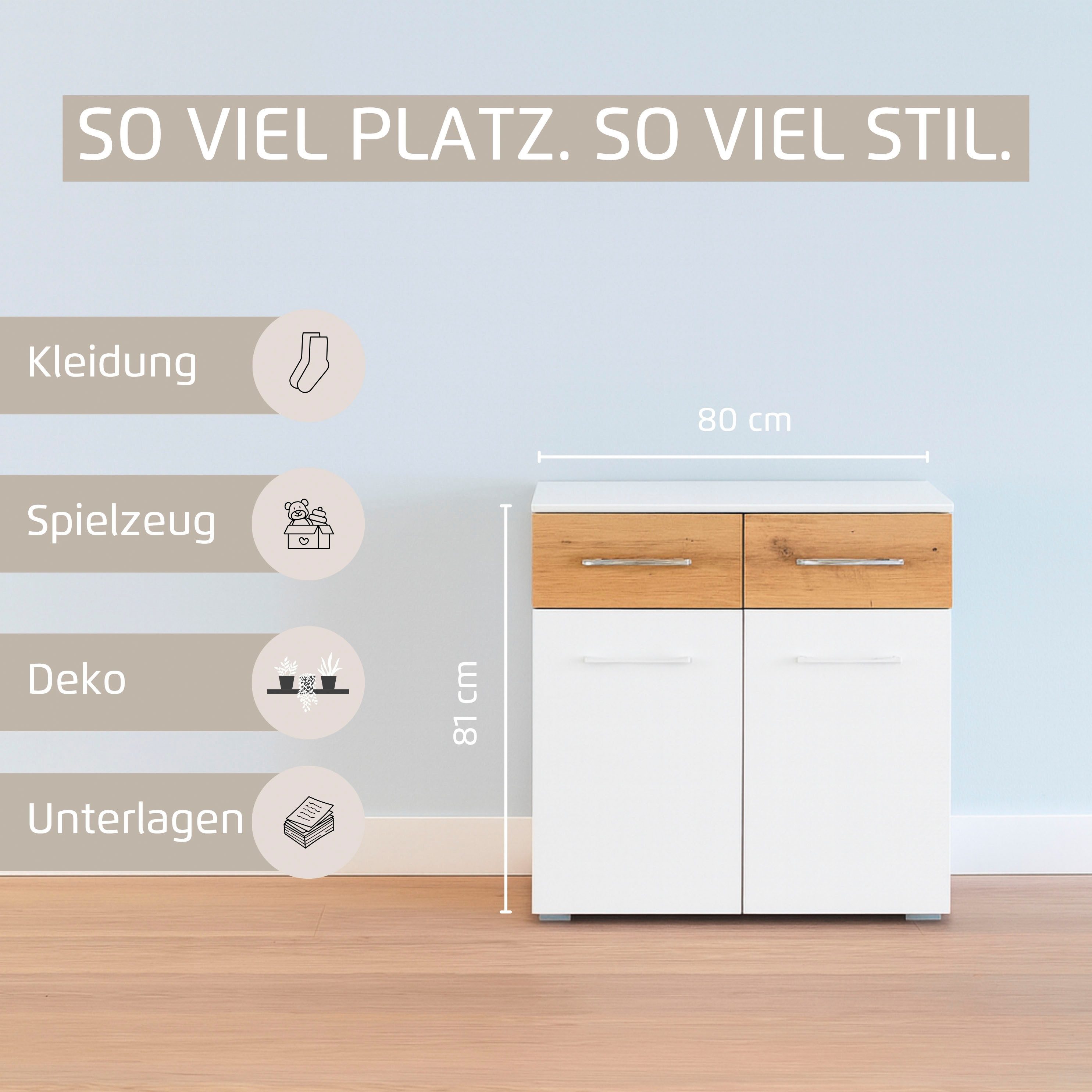 rauch Kombikommode Sideboard Kommode Schubladenkommode Türenkommode BOSTON-EXTRA (B/H/T: 80/81/42 cm), mit 2 geräumigen Schubladen, Einlegeboden verstellbar MADE IN GERMANY