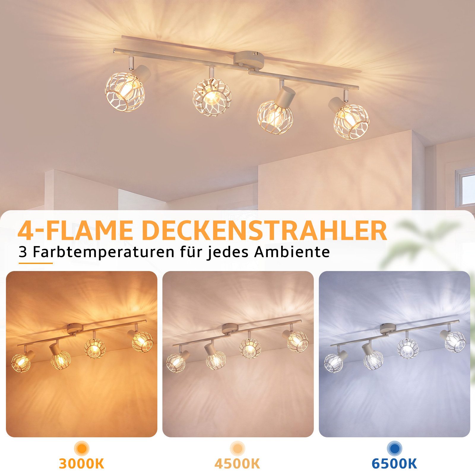 ZMH Deckenstrahler 4 Flammig Deckenlampe E14 Metall 350° Schwenkbar Wohnzimmer, ohne Leuchtmittel, Deckenstrahler, 4-flammig, Metall, E14, 350° schwenkbar, 90° neigbarA