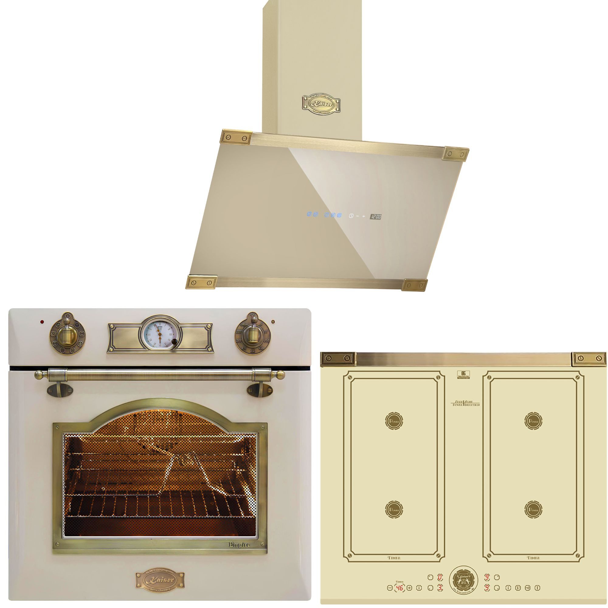 Kaiser Küchengeräte Backofen-Set Herd Set Autark Elektro,Retro, Autark, 60cm, 67L+Induktions-Kochfeld, 60 cm FREE ZONE mit 2 FLEX Induktions-Zonen+Dunstabzugshaube kopffreihaube 60 cm 1250 m³/h EH 6355 ElfEm+KCT 6745 ElfAD+AT 6445 ElfAD ECO, mit 1-fach-Teleskopauszug, Einbau Backofen 60cm+Induktions-Kochfeld, 60 cm+Dunstabzugshaube