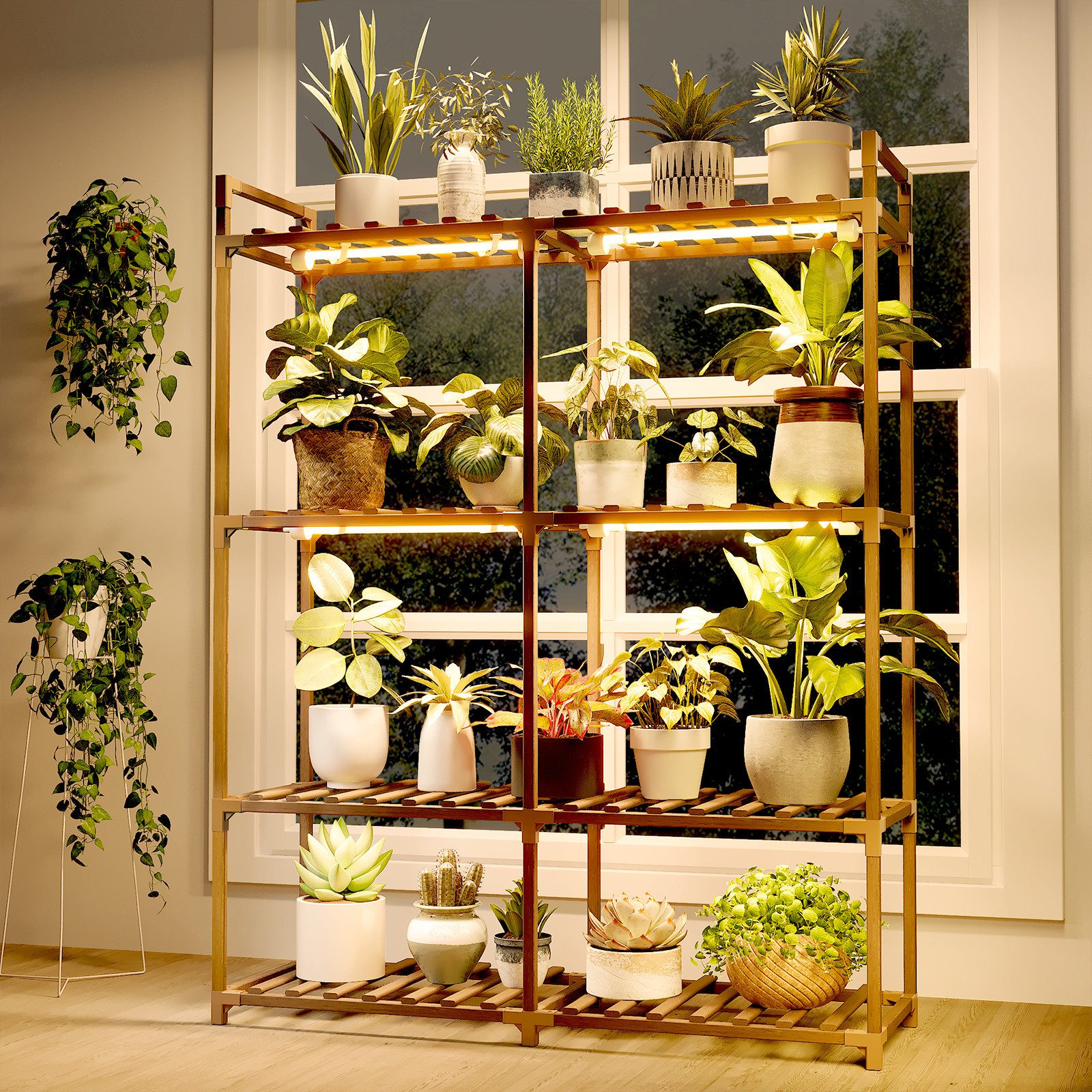 Bamworld Blumenständer Pflanzenständer mit Pflanzenlampe, Holzregal mit Warmlicht (1 St), 4 Ebenen, viel Platz für mehrere Pflanzen