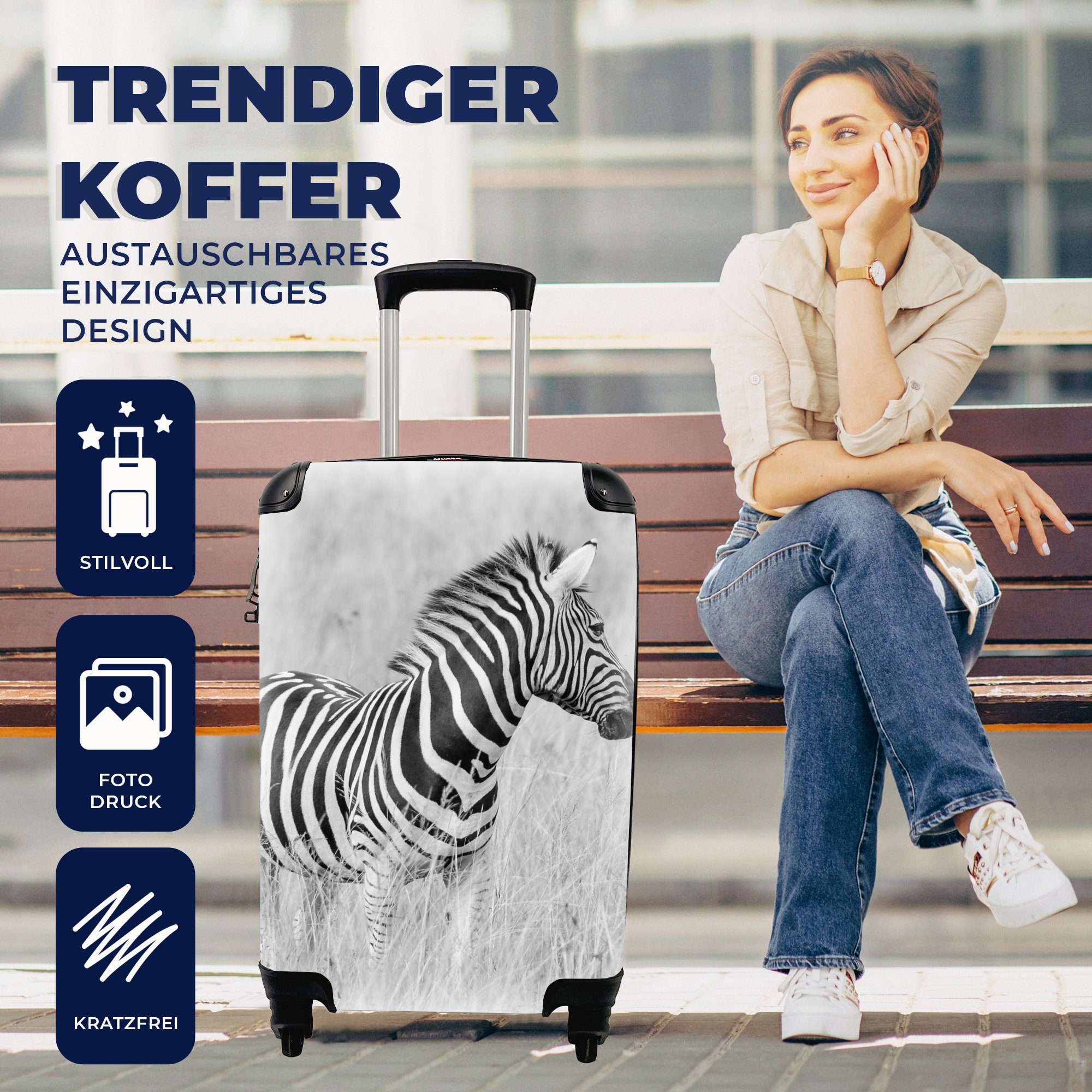 der Reisetasche 4 für Reisekoffer rollen, Trolley, Handgepäck Handgepäckkoffer auf mit Rollen, Wiese, MuchoWow Zebra Ferien,