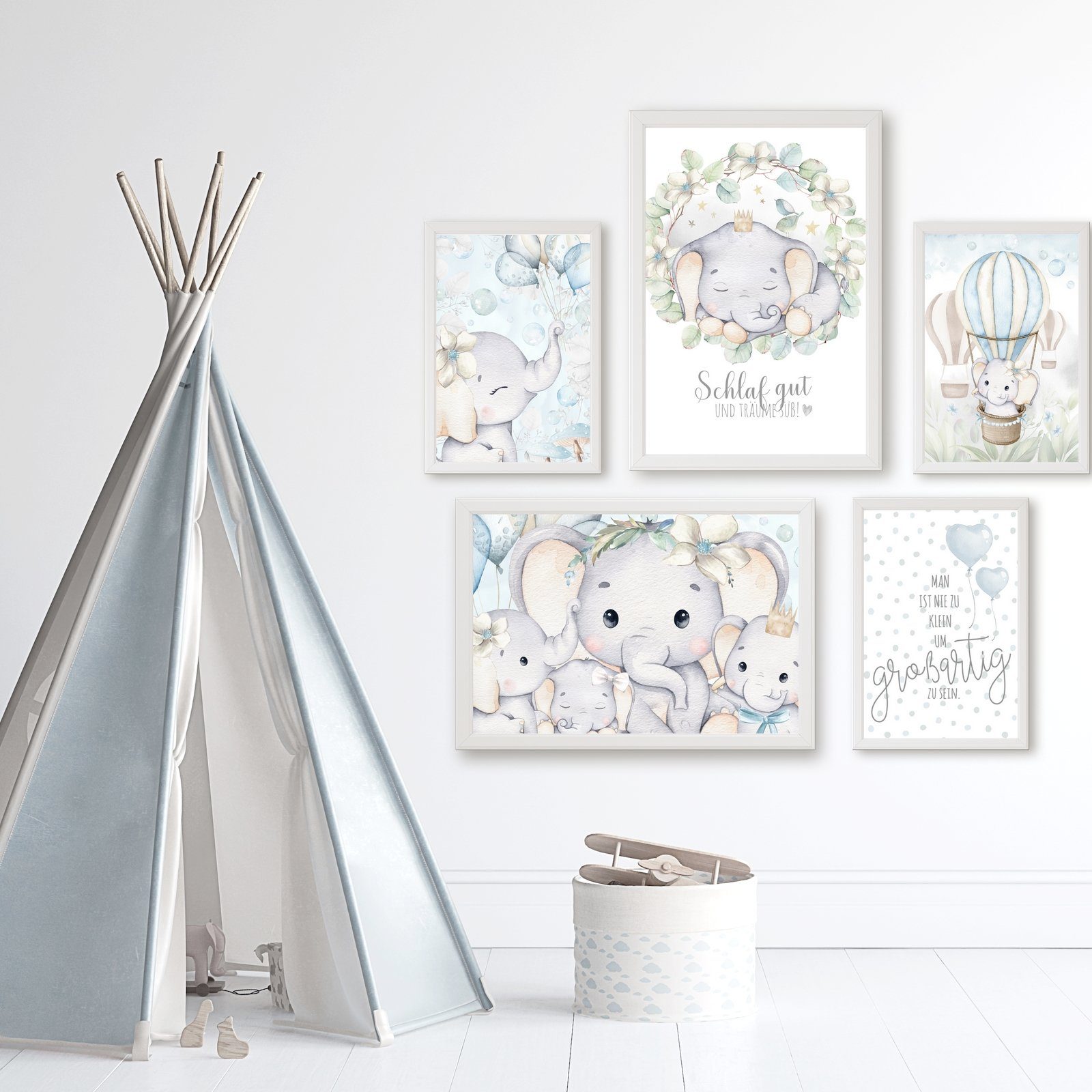 homestyle-accessoires Poster Kinderzimmer Bilder Bilderset SCHLAF GUT UND TRÄUME SÜSS - ELEFANTEN, (5 St), - Ohne Bilderrahmen - sorgfältige & sichere Verpackung
