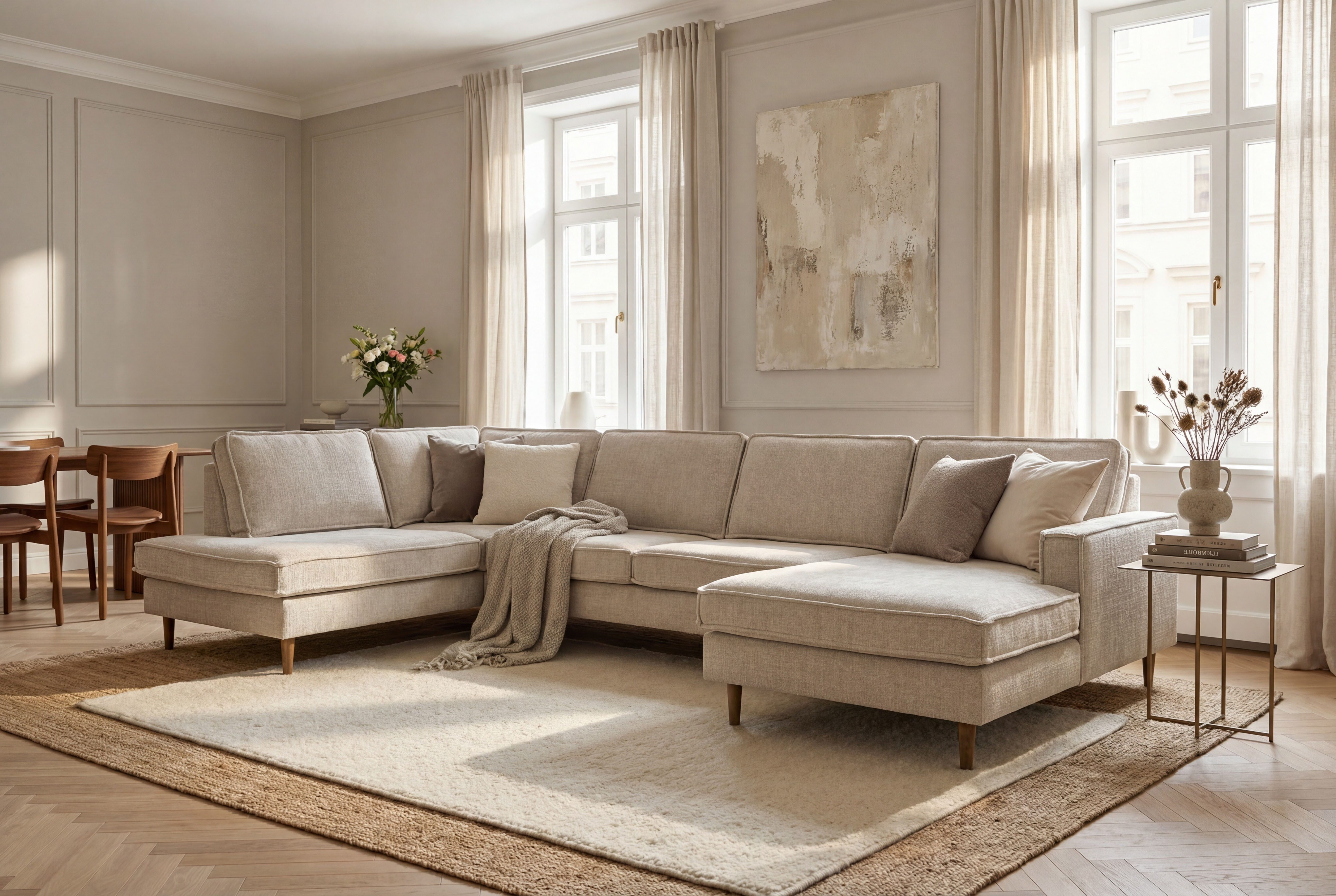 Home affaire Wohnlandschaft Pinto Skandi, 350 cm, U-Form, XXL, mit Ottomanen, mit Keder, Massivholzfüße Eiche geräuchert, Wellenunterfederung