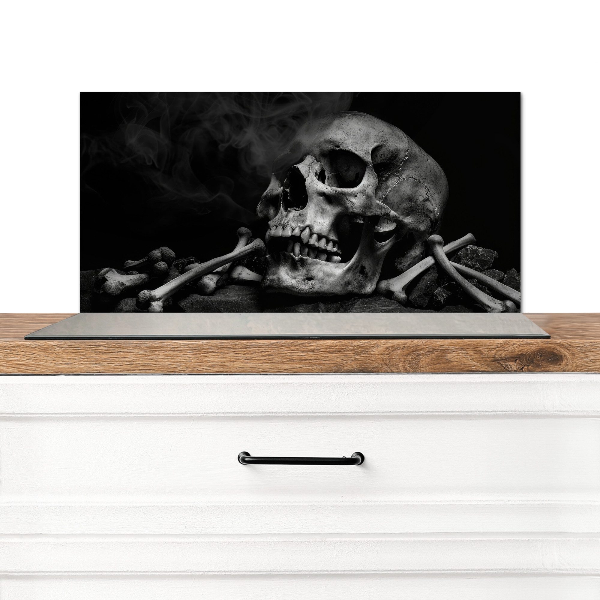 KitchenYeah Küchenrückwand Totenkopf - Rauch - Schwarz - Weiß, (1-tlg), Spritzschutz Küchenrückwand, Wandschutz, 60x30 cm