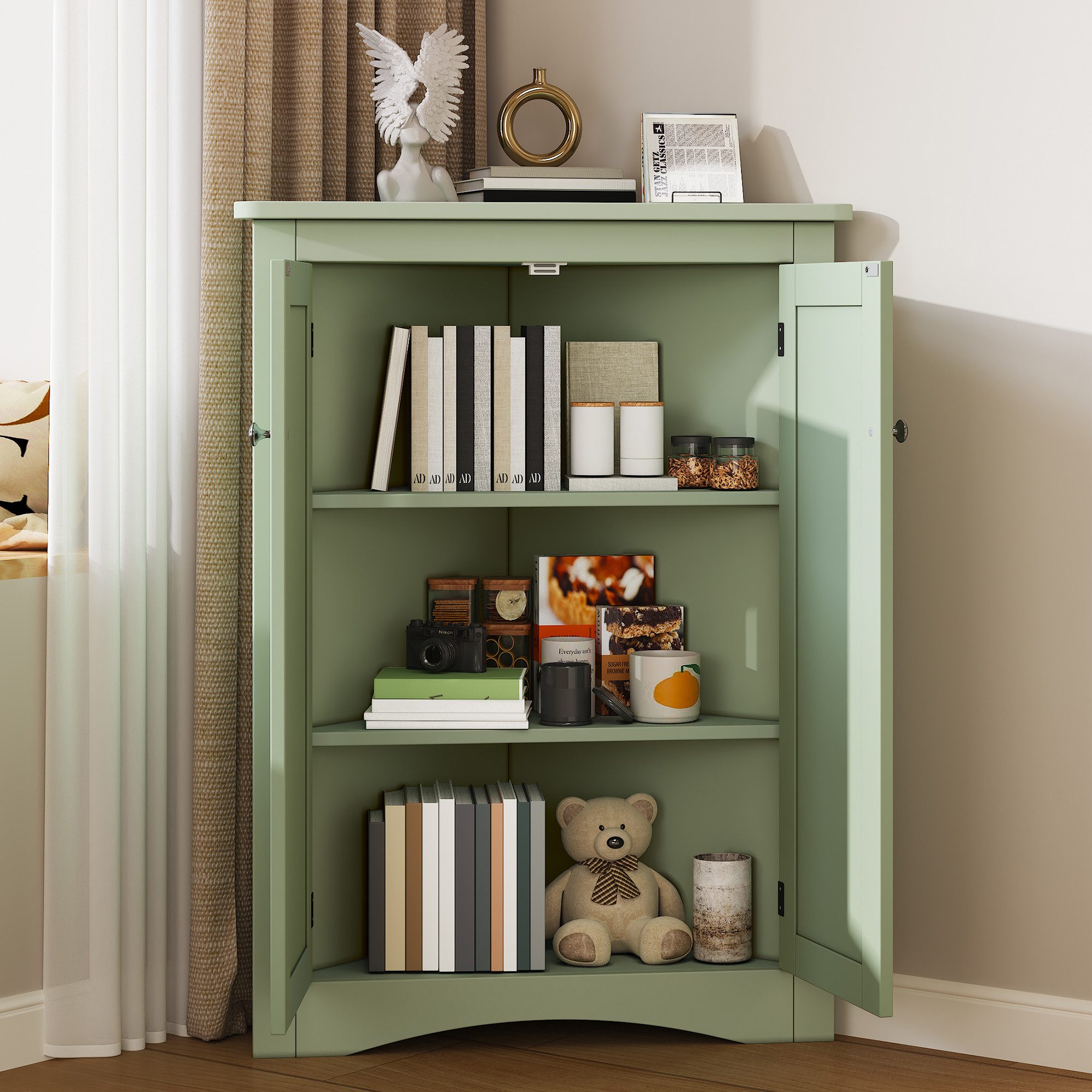 Celya Vitrine Eck-Schrank für Badezimmer, Freistehender 2-türiger Dreiecks (für Bad, Küche, Wohnzimmer (61,5 x 90 cm), mit lackierter Oberfläche, platzsparend) Schrank mit 3 Ebenen, hochwertige MDF-Platte