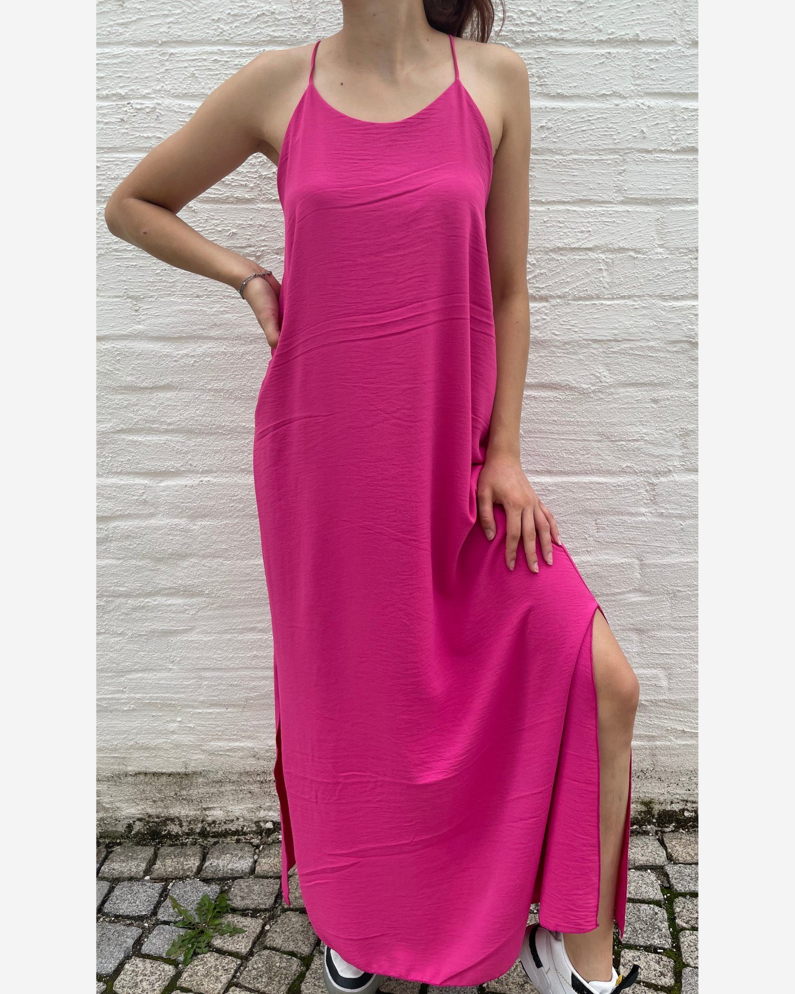 ITALY VIBES Midikleid MONA - langes Kleid - elegantes Sommerkleid mit Schlitz - ONE SIZE passt hier Gr. XS - XL pink | Sommerkleider