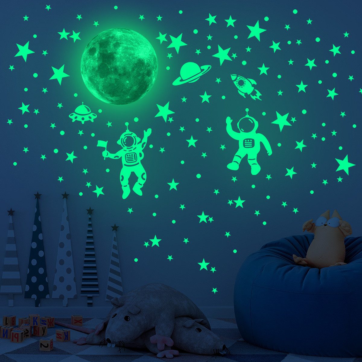 MOPUEA Wandtattoo Dekorative Wandaufkleber, Blumen Fenster Wandsticker Pflanzen/Sterne (Wanddeko Modern Leuchtsticker für Kinderzimmer Schlafzimmer Wohnzimmer, 1 St., Leuchtmond fluoreszierend Astronaut Mond leuchtend Aufkleber), Selbstklebende dekorative