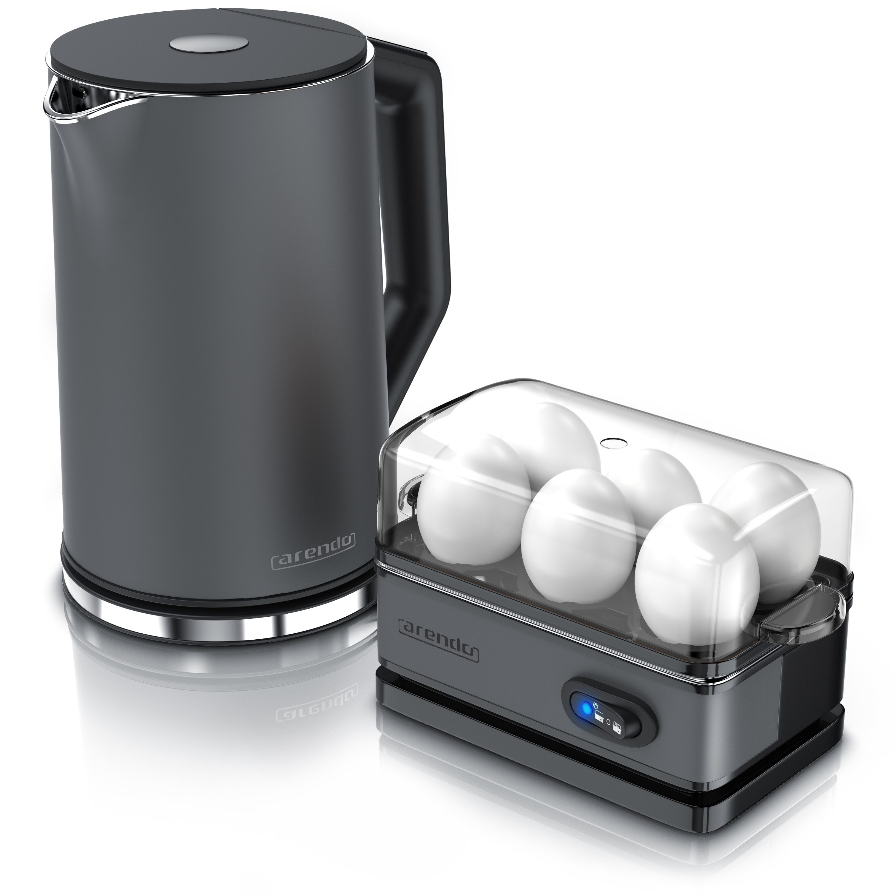 Arendo Frühstücks-Set Edelstahl Wasserkocher 1,5l, 6er Eierkocher, Cool Grey (2-tlg), Temperaturwahl 40° - 100°C, Warmhaltefunktion, 1-6 Eier, Messbecher