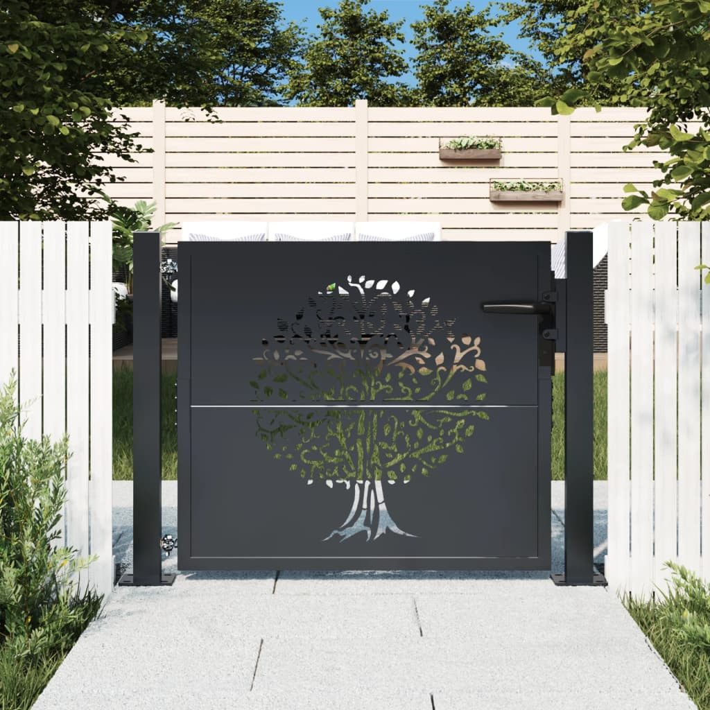 vidaXL Gartentor, Gartentor Anthrazit 105x80 cm Stahl Baum-Design