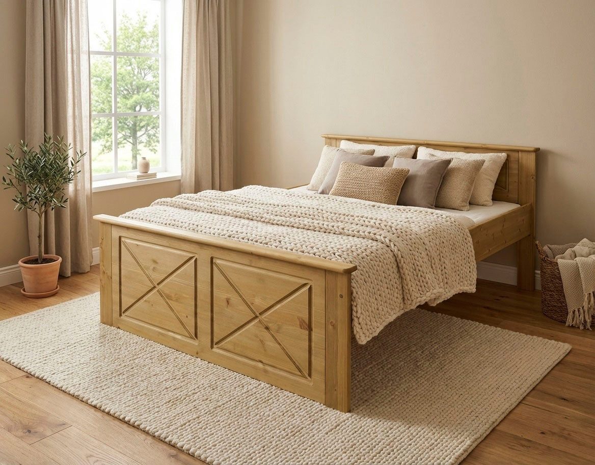OTTO home Massivholzbett Hugo, FSC® zertifiziertes Massivholz, optionaler Stauraum/ Bettkästen (B/T/H: 153/208/84 cm, Liegefläche 140x200), aus massiver Kiefer, Landhaustil mit edlen Verzierungen, Made in EU