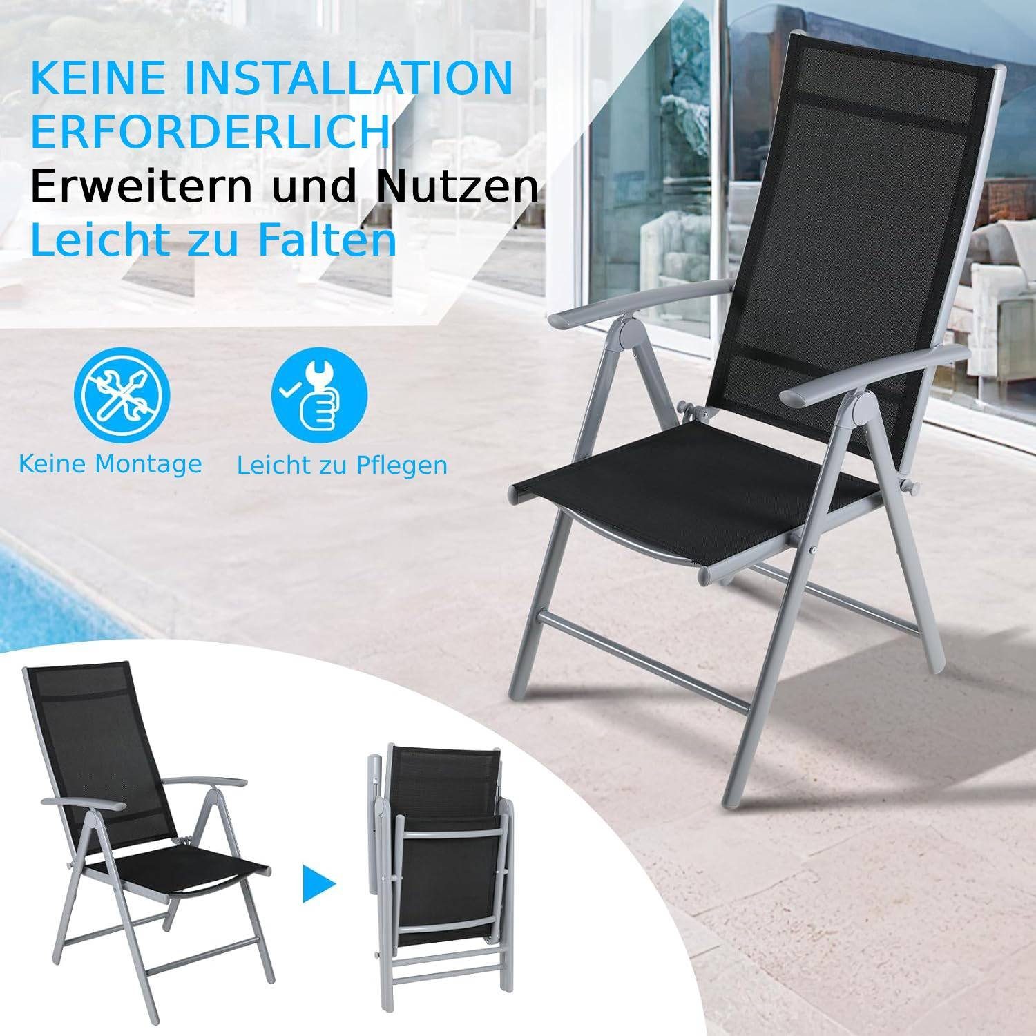TLGREEN Gartenstuhl Hochlehner, 2/4er Set Balkonstuhl,Klappstuhl,Campingstühle (2 St), klappbar, 7-Fach verstellbare, wetterfest, aus Aluminium, Bis 120kg – Bild 4 von 5