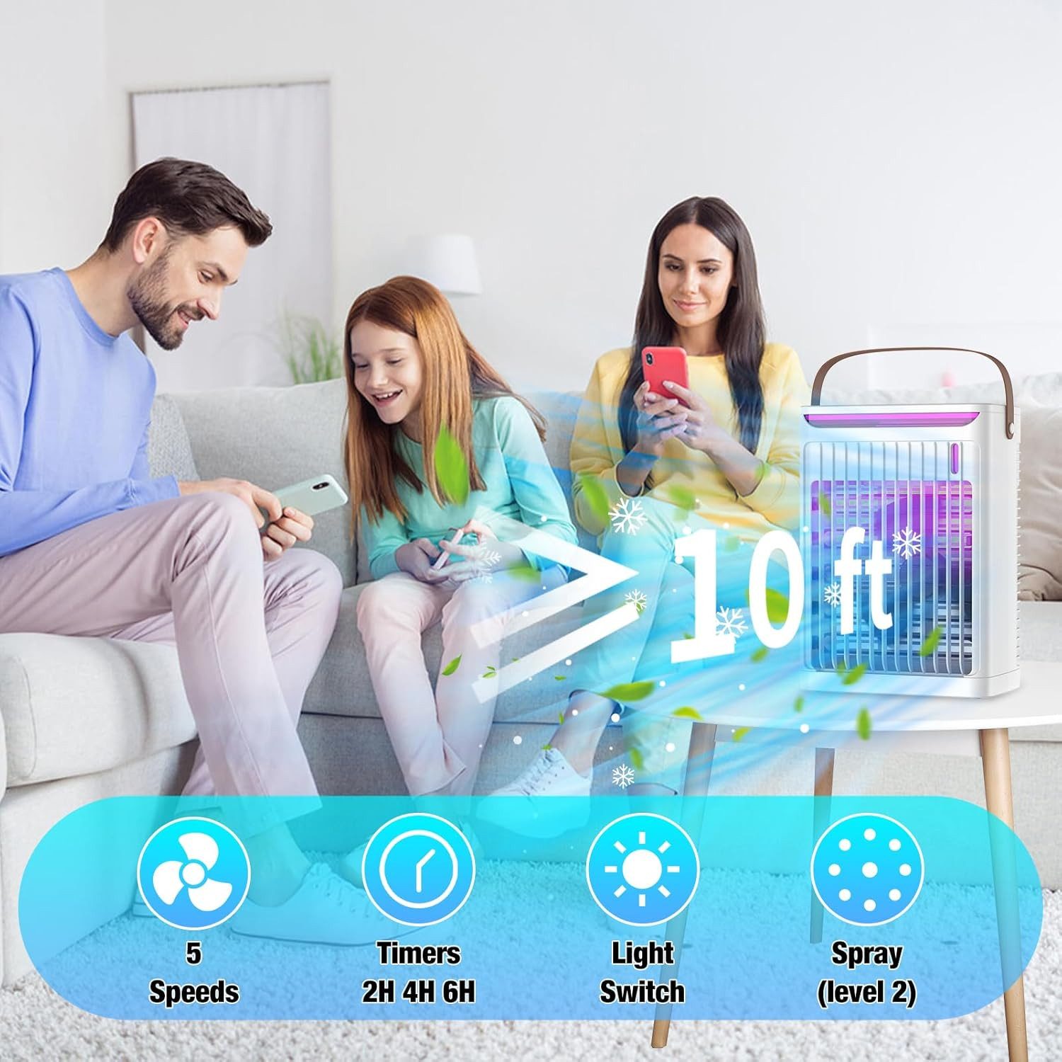 MOPUEA Ventilatorkombigerät Ventilatorkombigerät Tragbarer Luftkühler Klimaanlage Luftbefeuchter, 680ml Tank leise 5 Stufen 75° Oszillation USB Betrieb