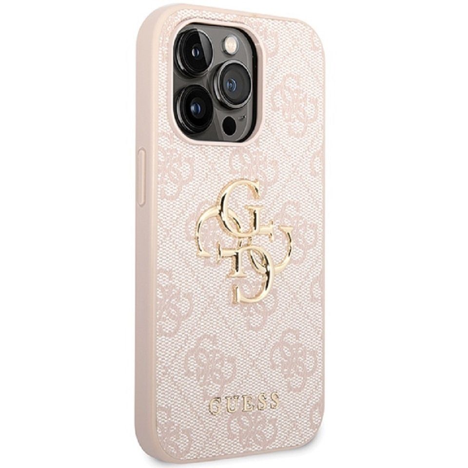 Guess Handyhülle Case iPhone 15 Pro Kunstleder rosa mit goldfarbenem Muster 6,1 Zoll, Kantenschutz