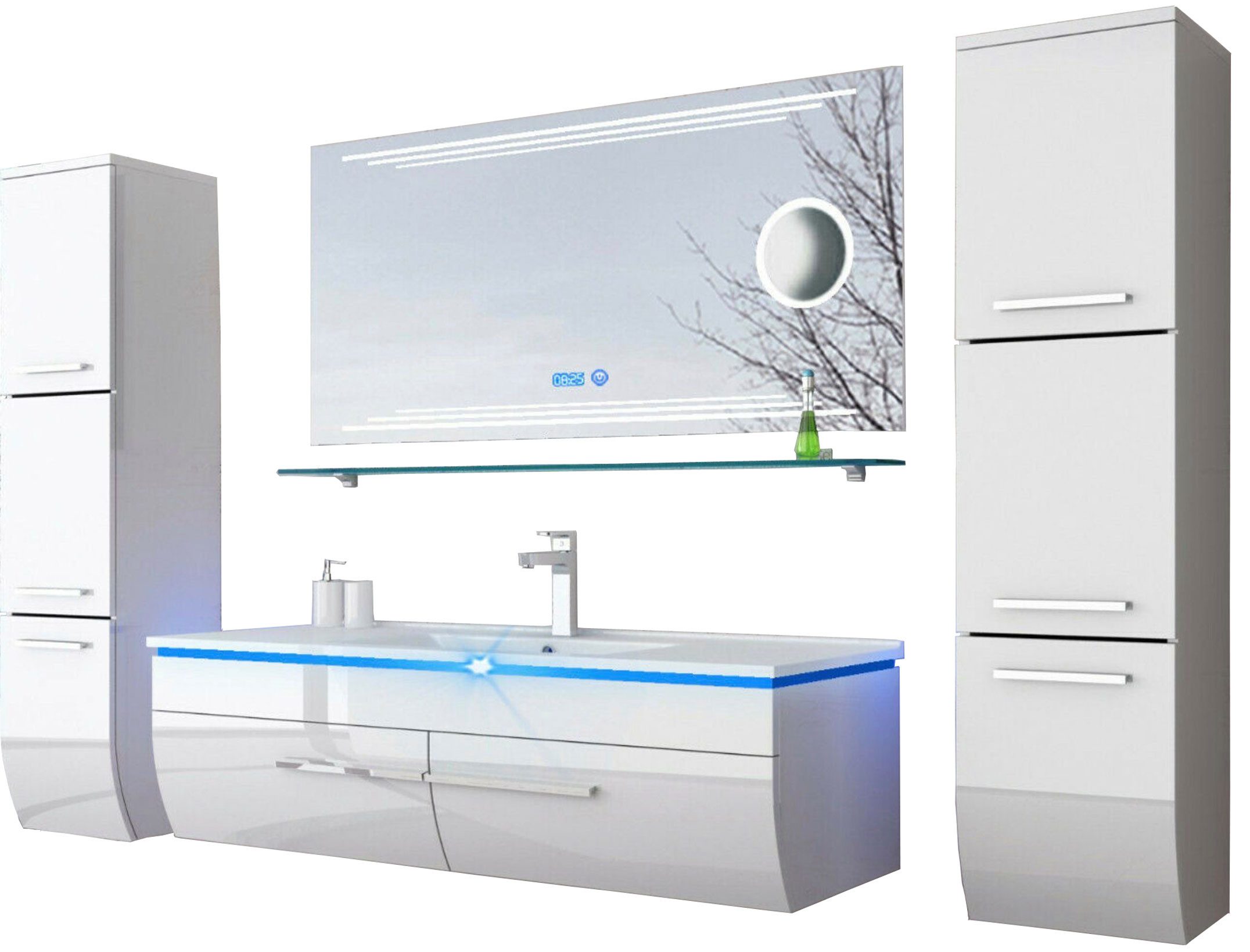 Homeline Badmöbel-Set Badmöbel Set Weiss 120 cmmontiert Weiß Hochglanz Badezimmermöbel, (6-St., Spar set)