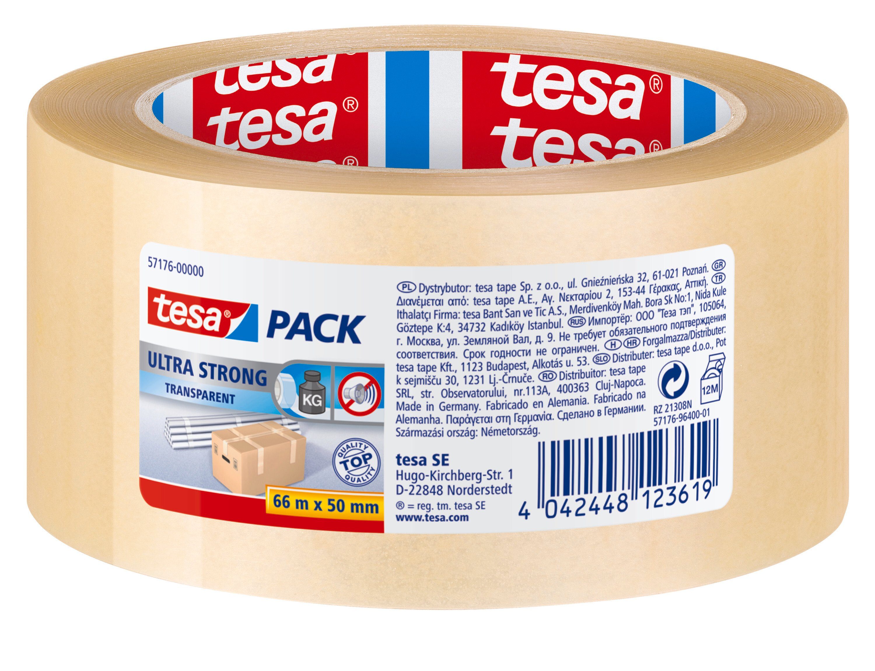 tesa Klebeband tesapack ULTRA STRONG extra starkes Paketklebeband (Packung, 1-St) braun - 66 m : 50 mm transparent