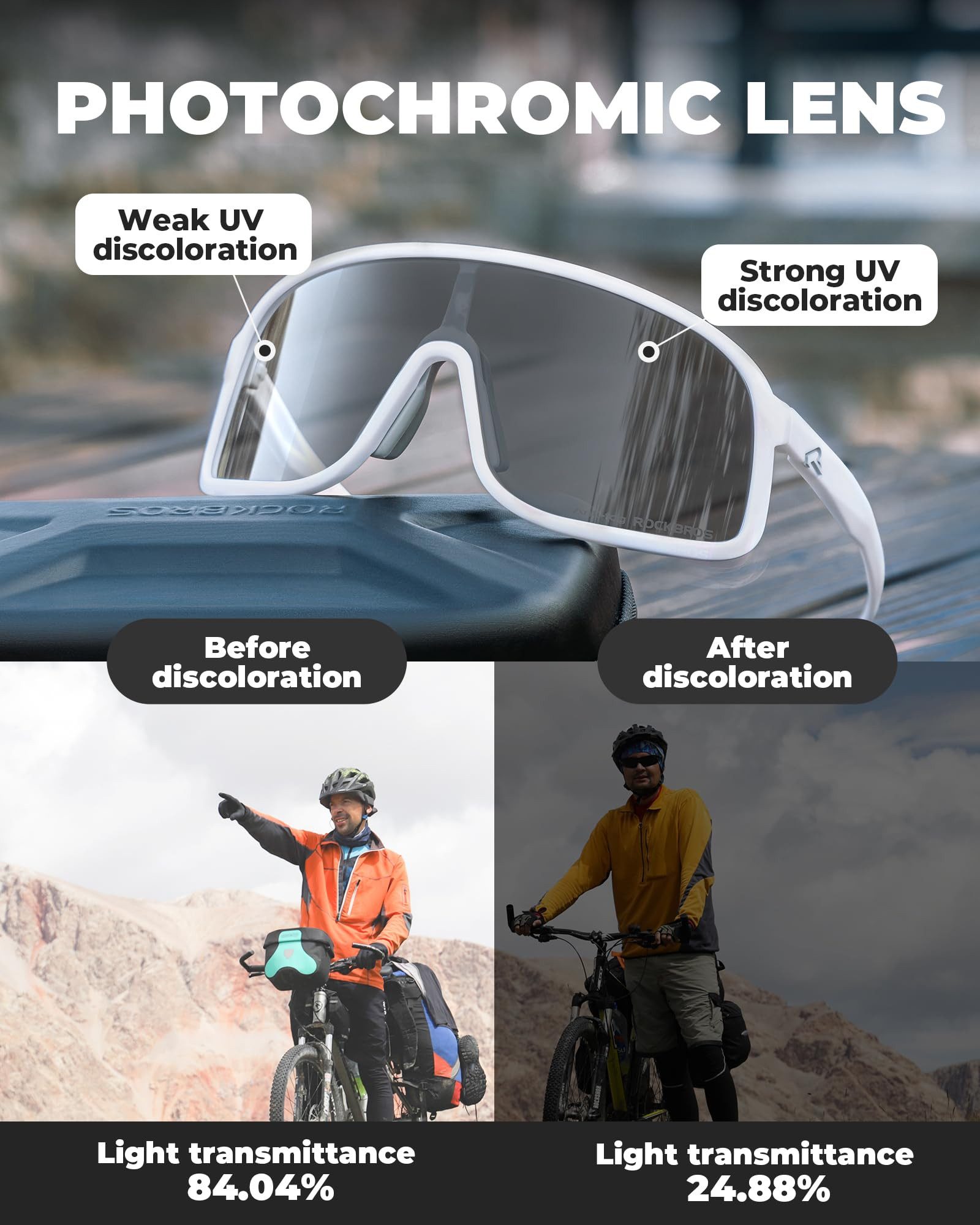 ROCKBROS Fahrradbrille Sportbrille Herren Damen Fahrrad Rennrad Outdoor TR90 Rahmen, photochrom, polarisiert, UV401 Schutz, verstellbare Nasenpads, robust