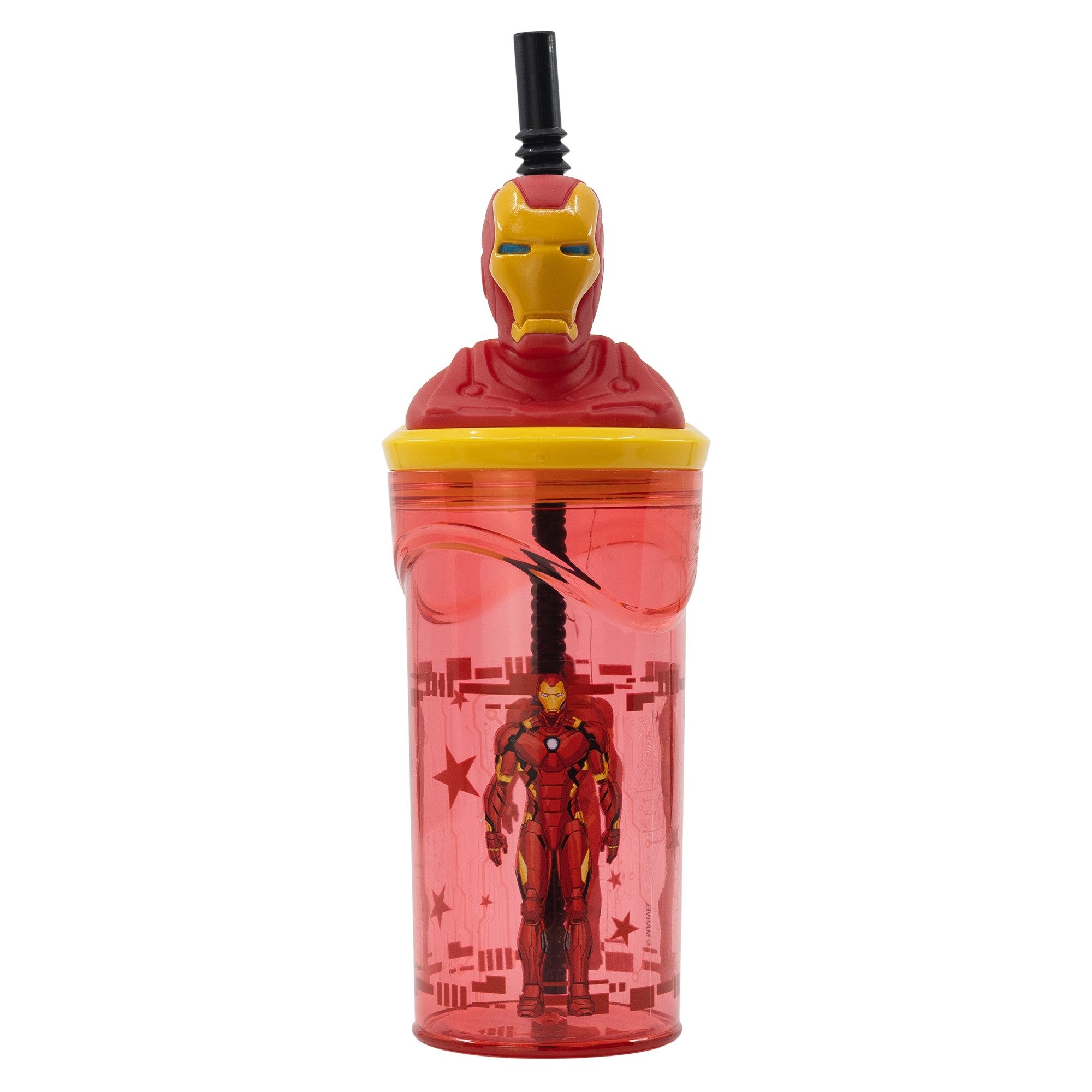 MARVEL Kinderbecher Iron Man 3D Deckel Kinder Trinkbecher Becher mit integriertem Halm, 360 ml