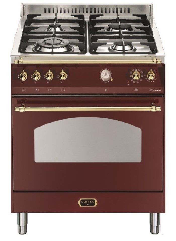 Lofra Elektro-Standherd Dolcevita LOFRA – Dolcevita Range Cooker 60 cm, Gaskochfeld (4-flammig), Burgundy/MessingFinish, mit 2-fach-Teleskopauszug, Elektrobackofen 70 l, Gaskochfeld (4-flammig), Drehspieß, 2-fach Teleskopauszug, Leichtreinigungsemaille, Gehäusekühlung, höhenverstellbare Rundfüße (85 – 90 cm)