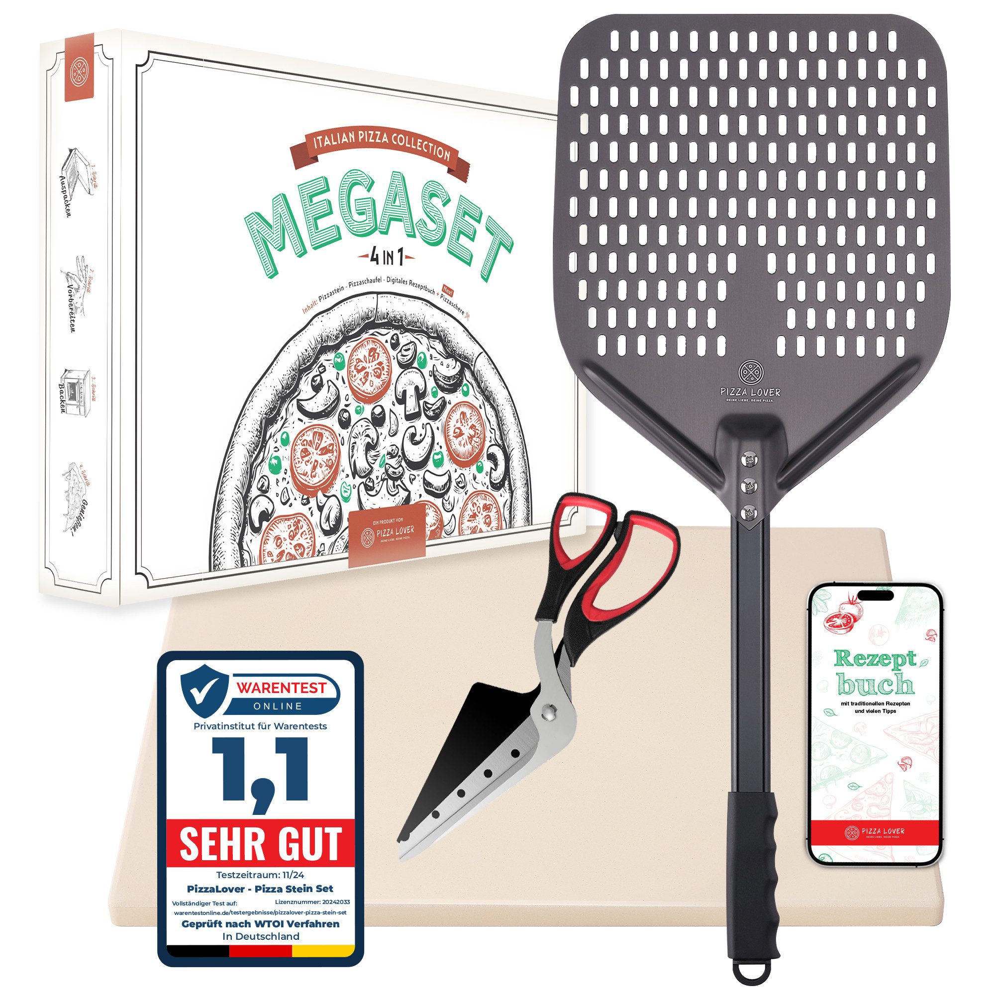 Pizza Lover Pizzastein Pizzastein-Set für den Backofen 4in1 Pizzaschieber + Schere, (4in1, Pizzastein aus Cordierit, harteloxierte Pizzaschaufel, Pizzaschere), 4in1 Pizzastein-Set mit Pizzaheber
