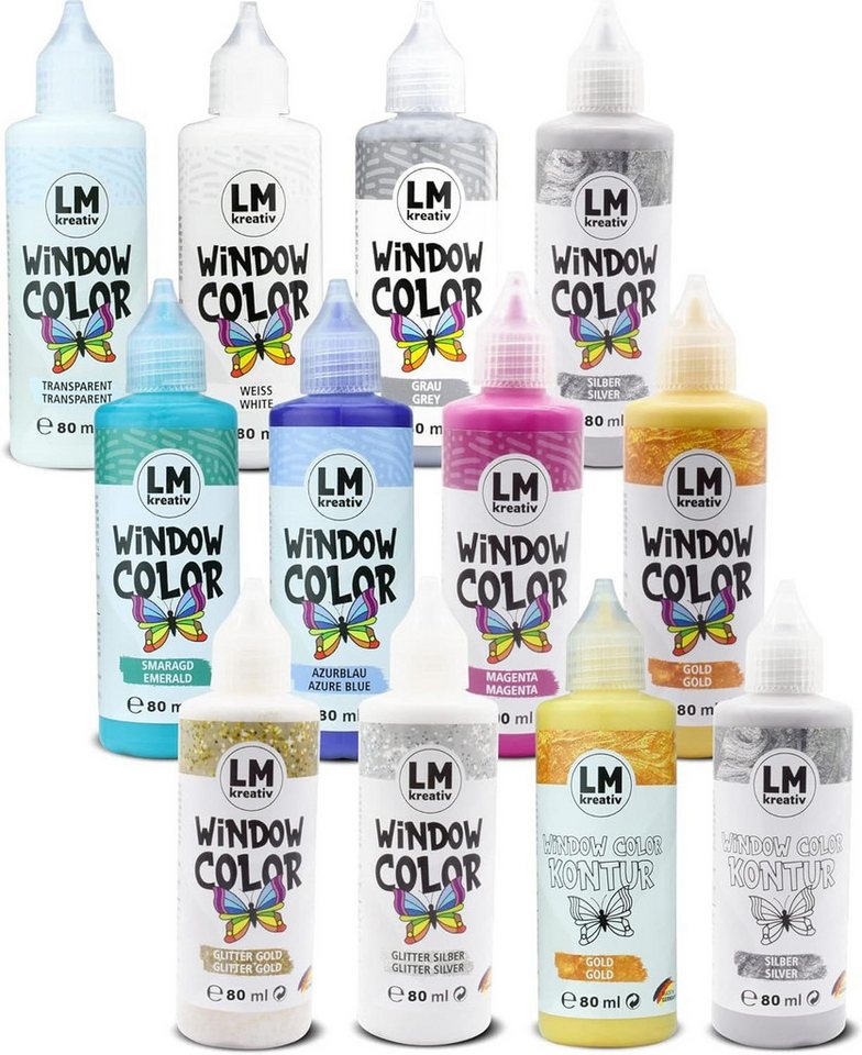 LM-Kreativ Bastelfarbe Window Color Set (12 x 80 ml Magic Moments inkl. Konturfarbe), XXL-Set, wiederablösbar, inkl. Konturen, Folien & Vorlagenheft