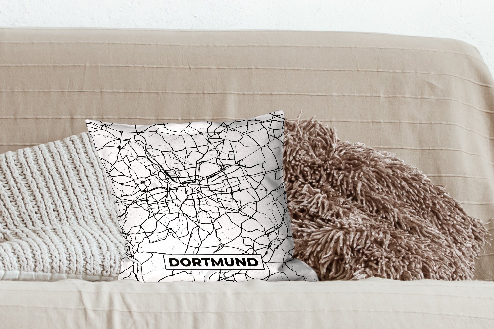 Zierkissen MuchoWow Deko, - mit Schlafzimmer, - für Wohzimmer, Karte Sofakissen Dekokissen Füllung Stadtplan, Dortmund