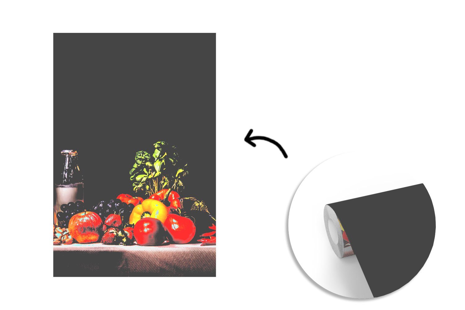 Montagefertig Stilleben Essen - - für Wohnzimmer, Fototapete MuchoWow Matt, Obst Vinyl - Wandtapete bedruckt, - Schwarz, St), Trinken (3 Tapete
