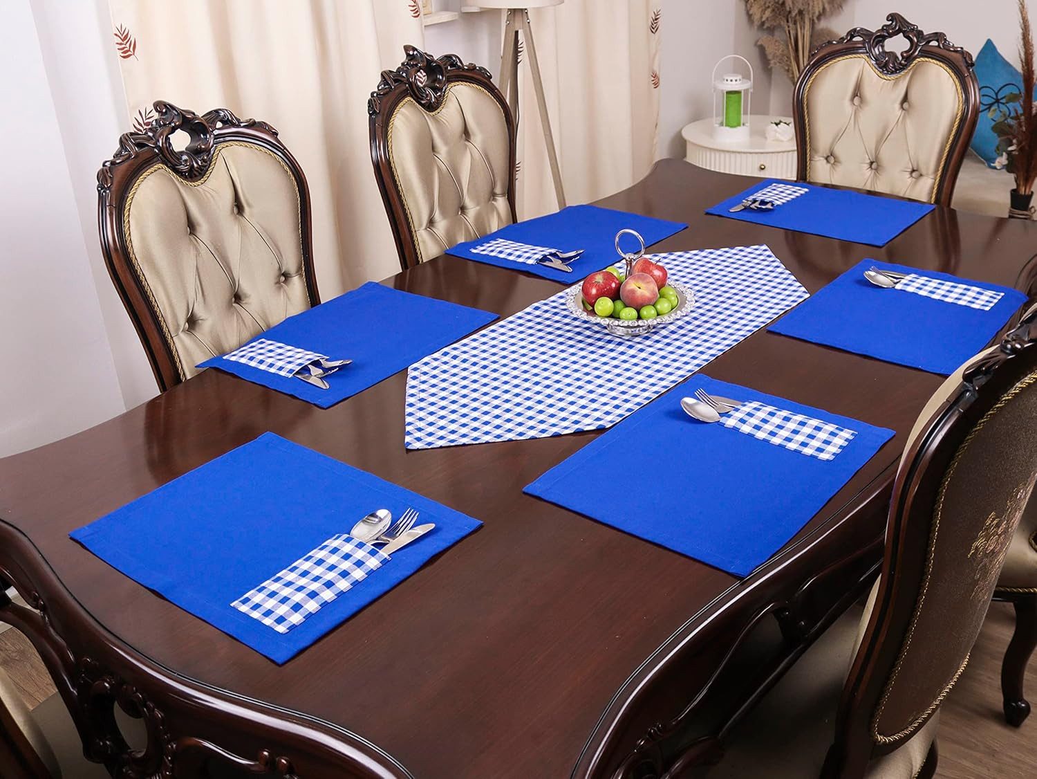 Ekershop Tischläufer und 6 Platz-Matten Set Tischset Platzset Platzdecken Blau Kariert (Kariert)