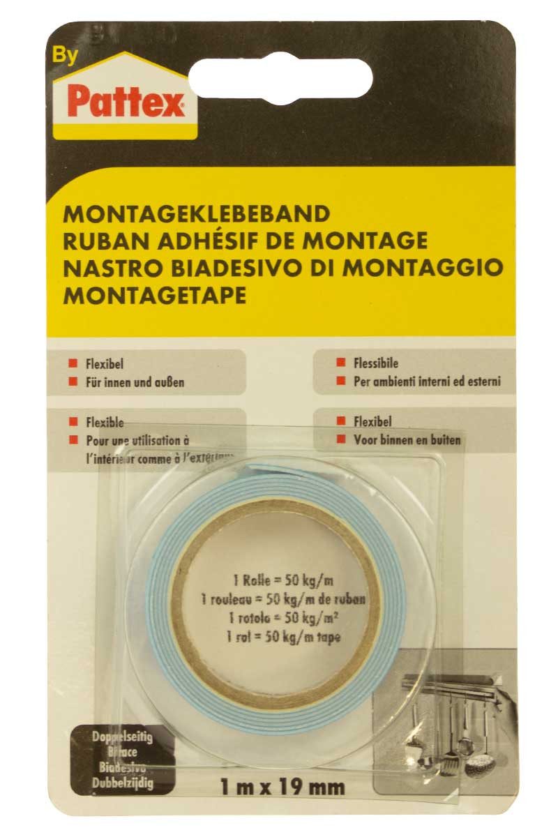 Pattex Doppelklebeband Doppelseitiges Montageklebeband 1m x 19mm für Innen und außen (Einzelartikel, 1-St) Saubere Montage ohne Bohren oder Schrauben