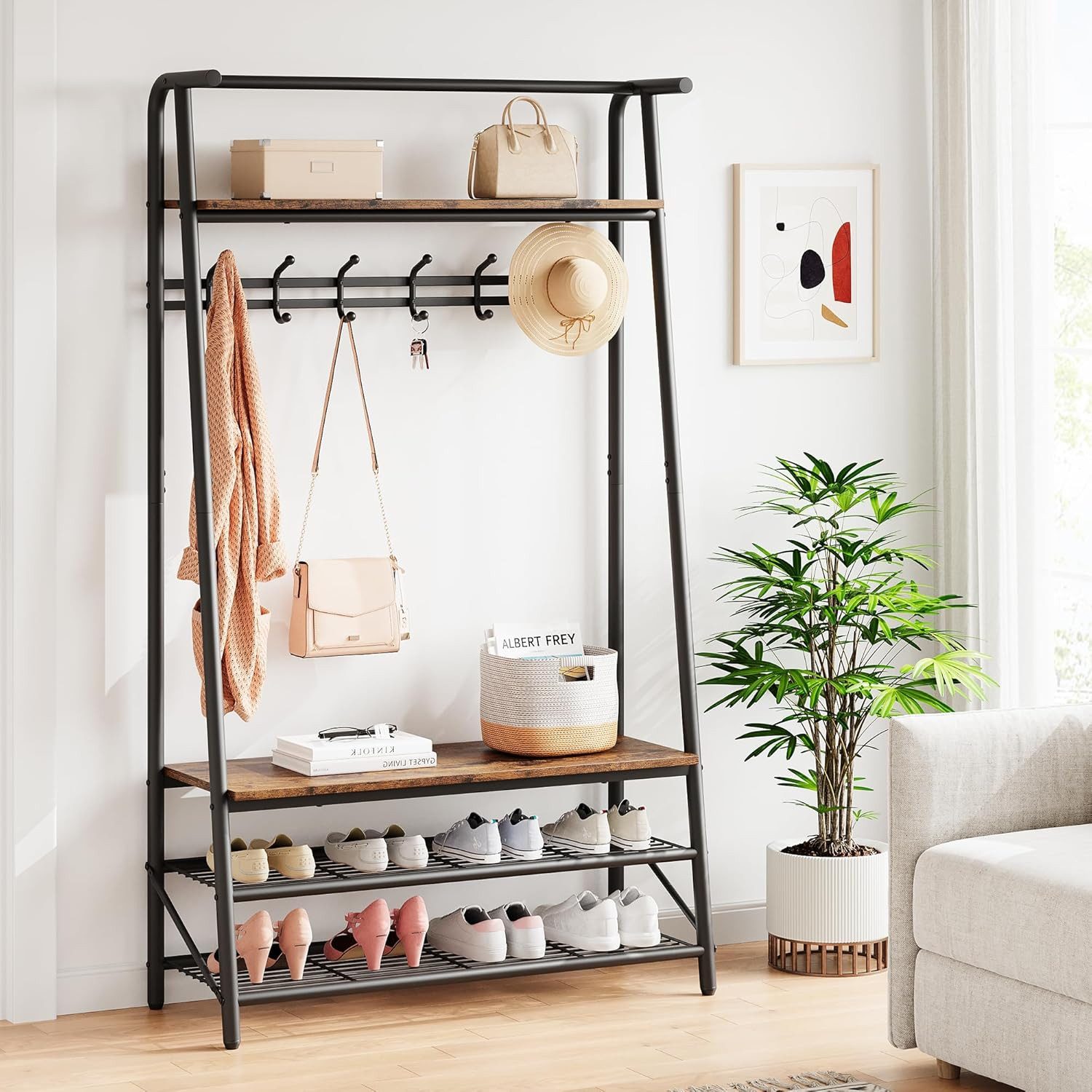 GarveeMore Garderobenständer Garderobe mit Schuhbank 4-In-1 Kleiderständer Kleiderstange mit Haken