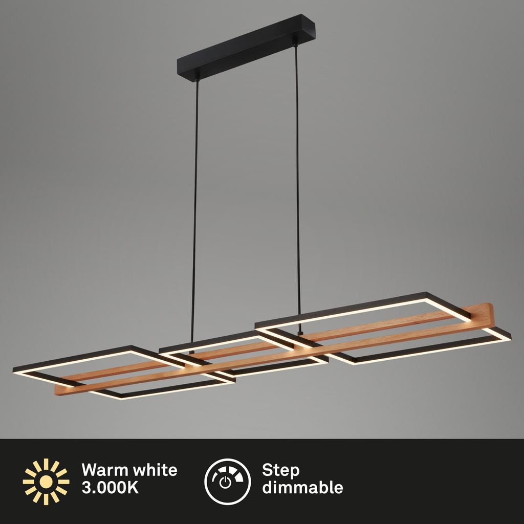 Briloner Leuchten LED Pendelleuchte Pendellampe Memoryfunktion dimmbar Esszimmer 4842014, LED fest integriert, 3000K - Warmweiß, LED Hängelampe 108 x 35 x 150 cm Schwarz-Holz 38W Esszimmer Wohnzimmer