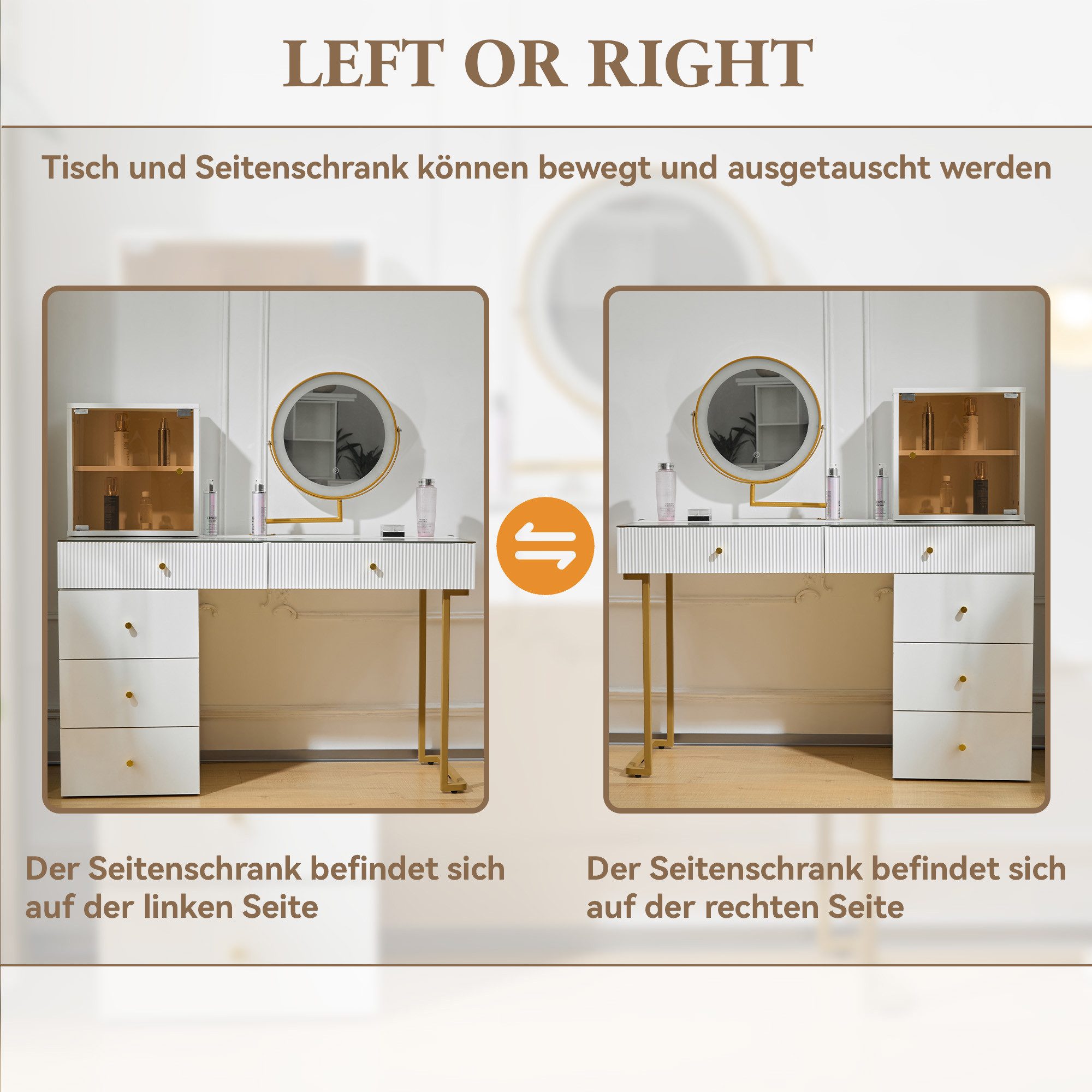 i@home Schminktisch Schminktisch-Set mit LED-beleuchtetem Spiegel, weiß (1 Schminktisch ohne Hocker), transparenter Tischplatte aus gehärtetem Glas, Maße: 120 x 45 x 115 cm
