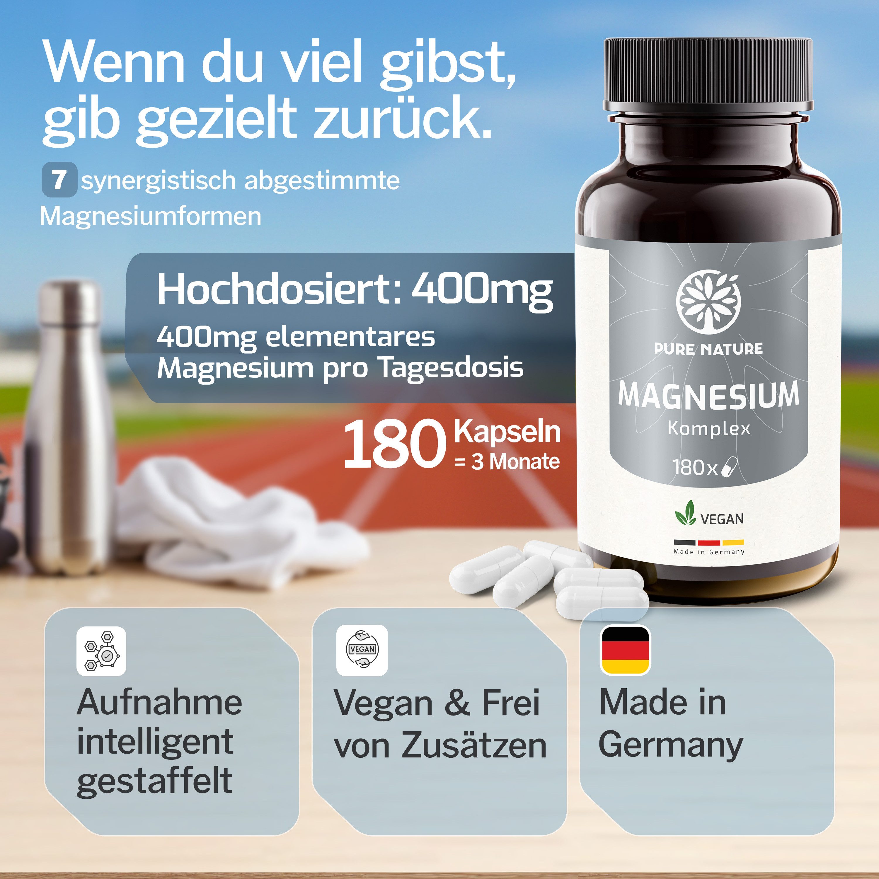 Pure Nature Magnesium Komplex hochdosiert 400 mg – 180 Kapseln – 7in1 Formel Kapseln, 171 g