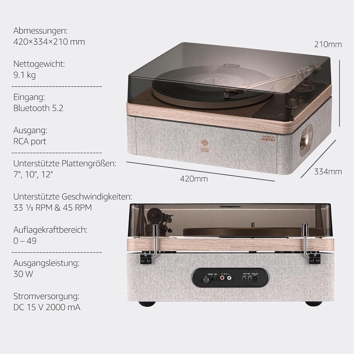 STACK STONE Vinyl Plattenspieler mit Lautsprecher,Schallplattenspieler Bluetooth Plattenspieler (WLAN, Bluetooth 5.3, AT-91R Magnetsystem)