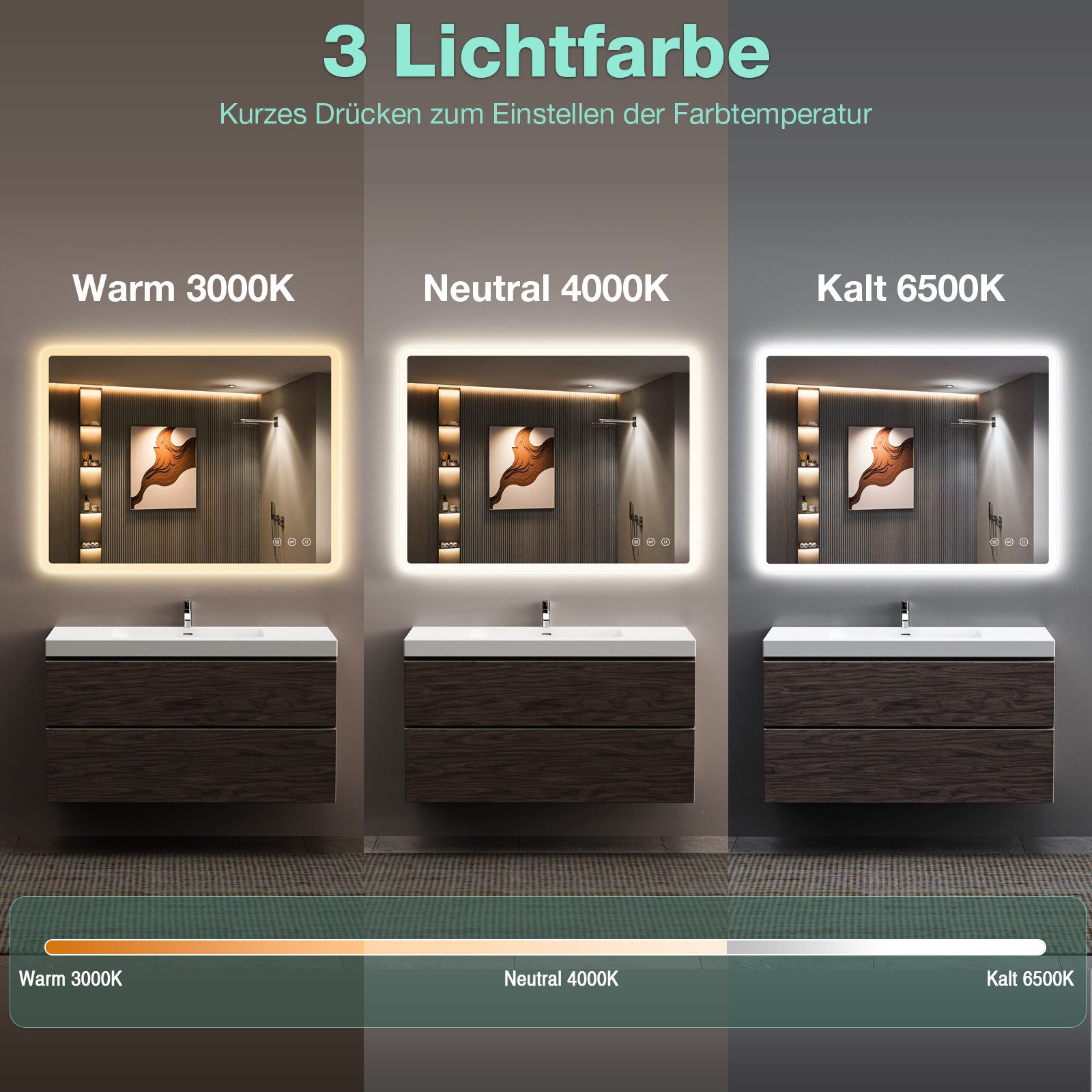 GIMBELEN Badspiegel LED-Badspiegel, 3 Lichtfarben, dimmbar, günstig online kaufen