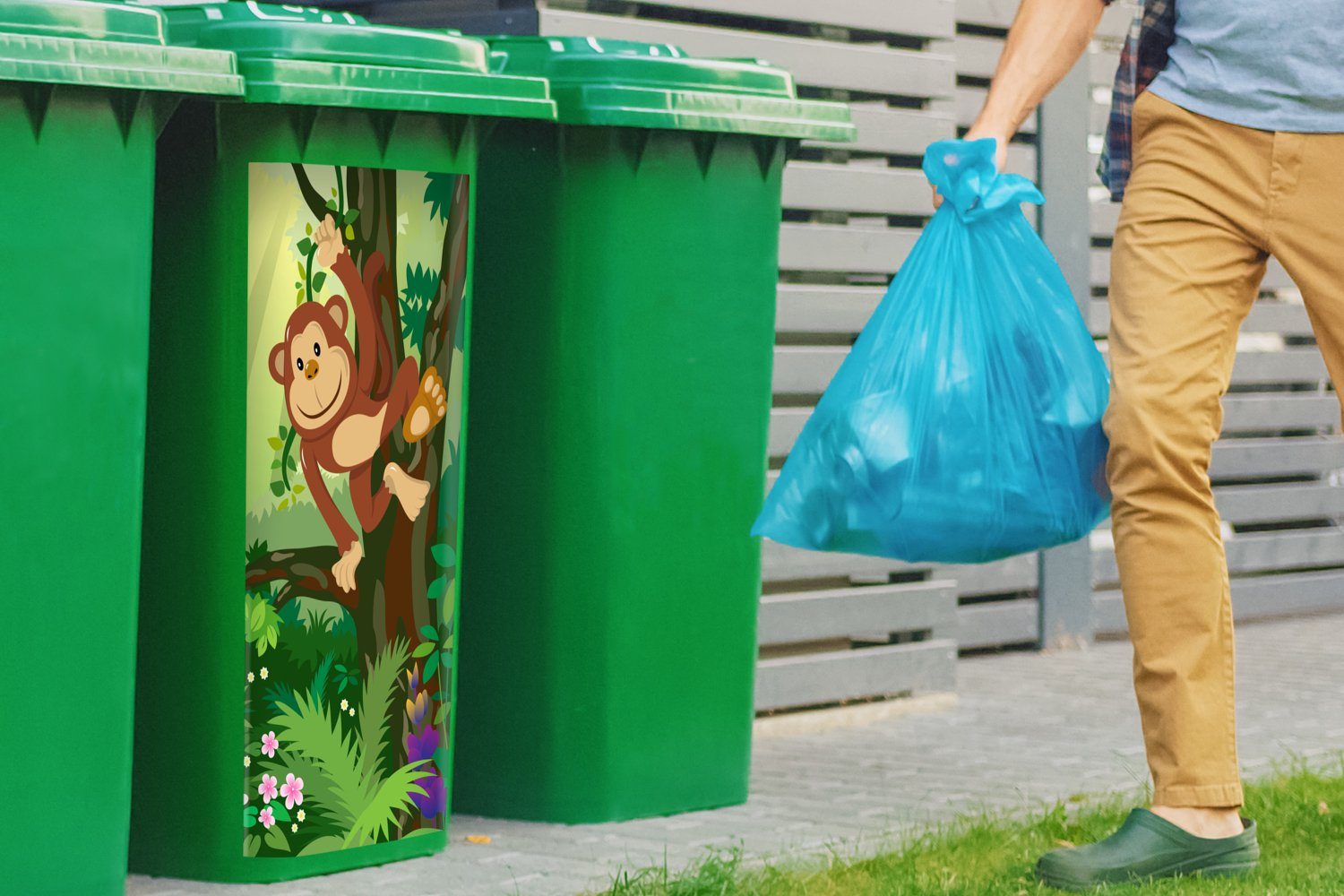 Jungen - Abfalbehälter Mülleimer-aufkleber, Wandsticker - Affe - Container, Kinder MuchoWow - Mülltonne, St), Sticker, Mädchen Blumen - Dschungel (1