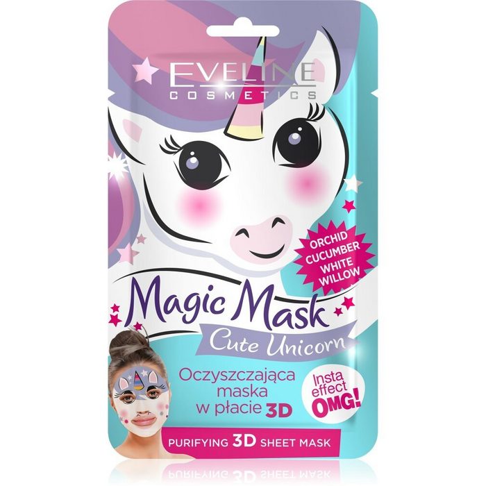 Eveline Cosmetics Gesichtsmaske Eveline magische Maske reinigende Blatt Maske 3D niedlich Einhorn 1pc Packung