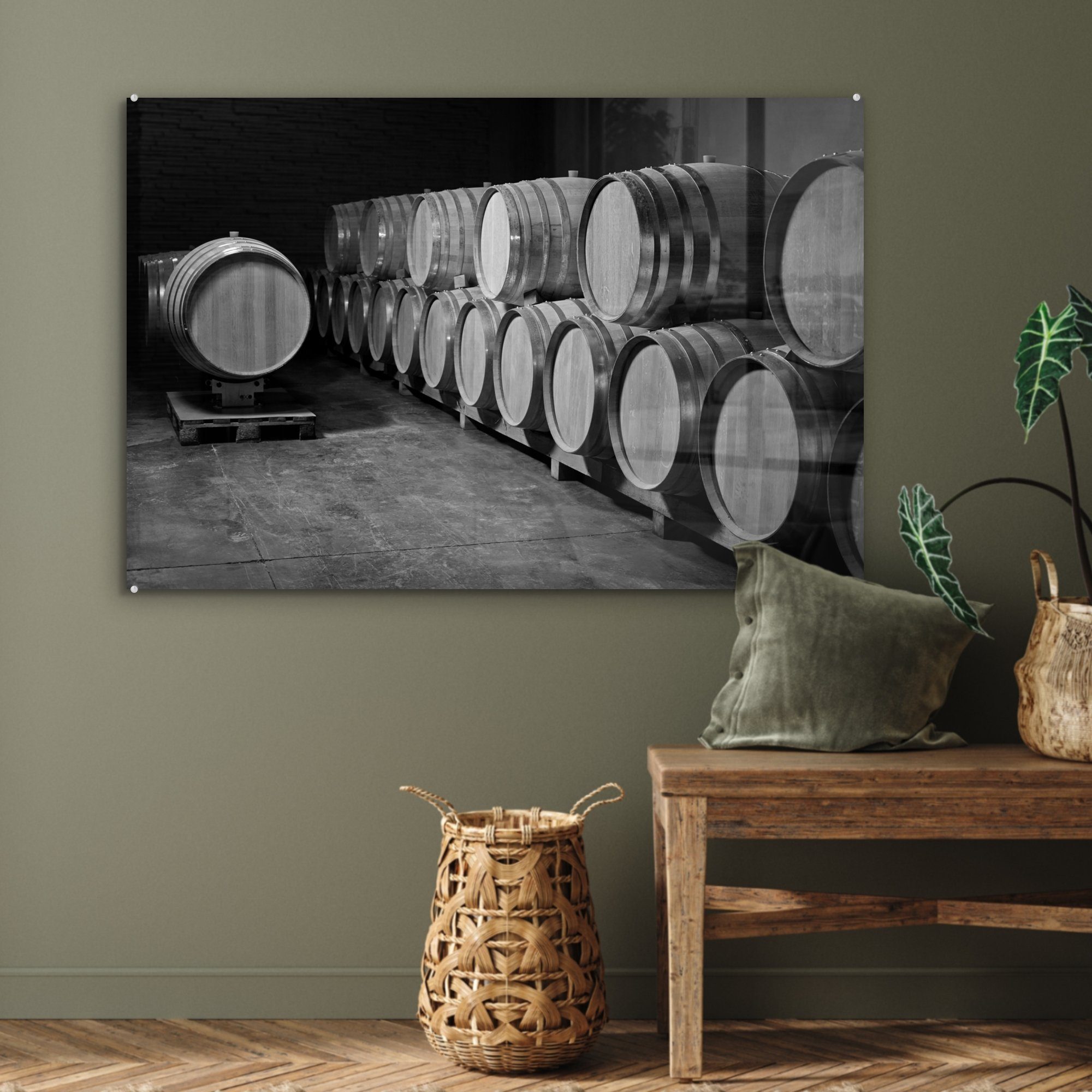 Acrylglasbilder (1 & und, MuchoWow aus französischer voll Acrylglasbild Eiche schwarz Weinfässern Weinkeller St), Schlafzimmer mit Wohnzimmer -