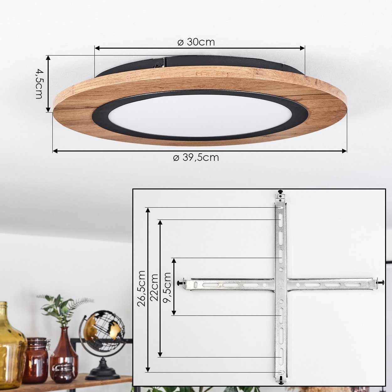 hofstein Deckenleuchte Deckenlampe aus Metall/MDF/Kunststoff in Schwarz/Holzoptik/Braun/Weiß, LED fest integriert, 3000 Kelvin, runde Leuchte (39,5 cm), 1350 Lu – Bild 4 von 5