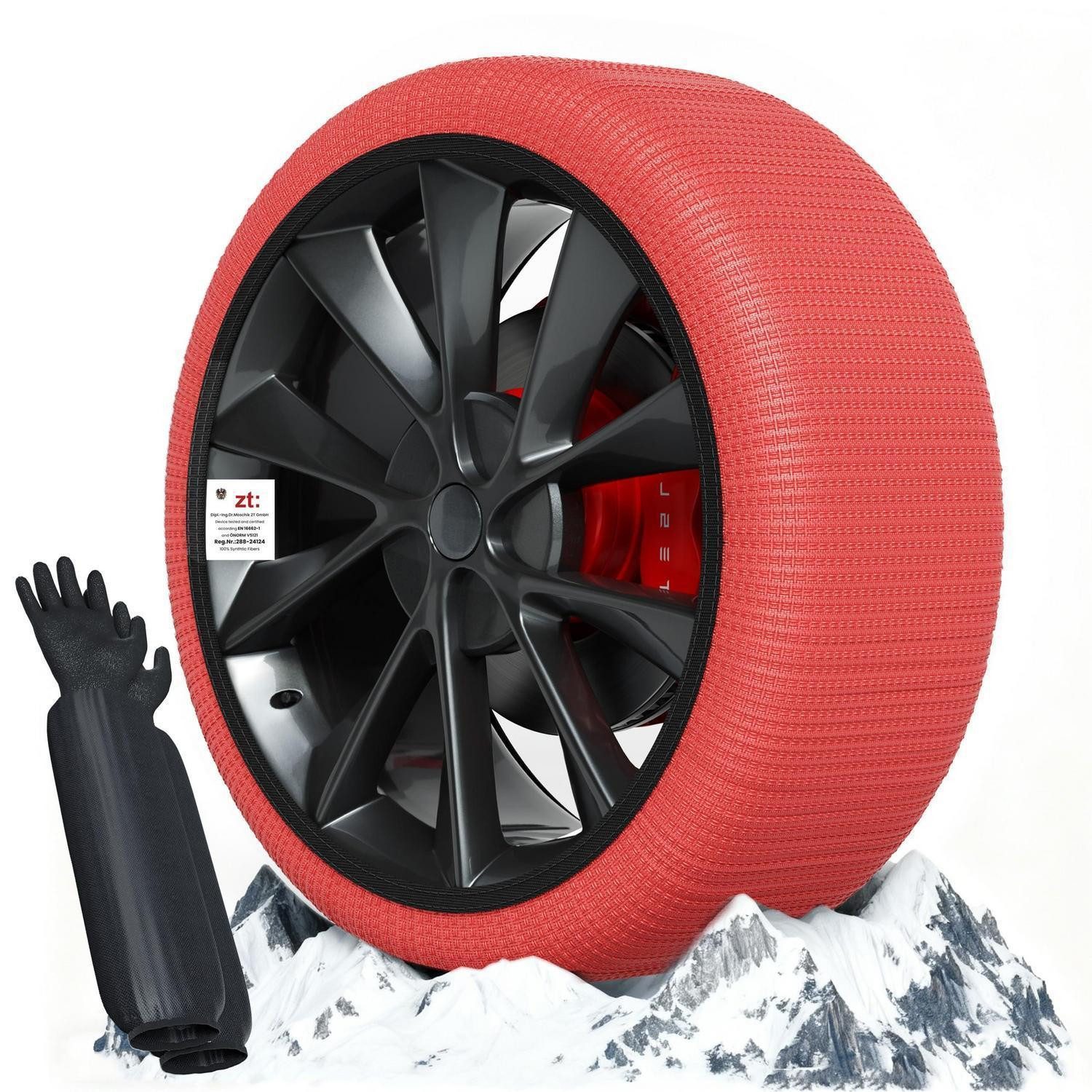 LuxusKollektion Schneeketten Schneeketten Textil EU 16662 1 homologiert Kit 2 Handschuhe XX-L Rot
