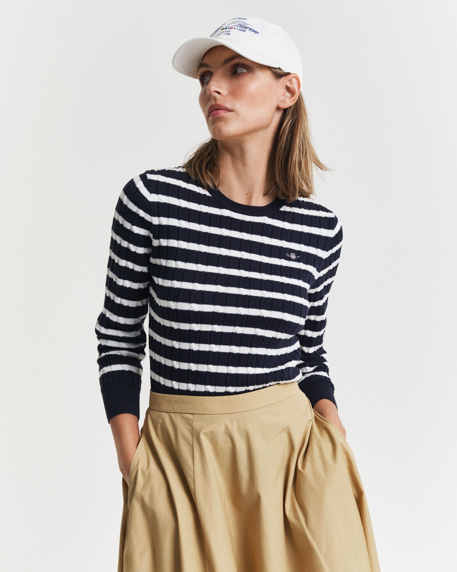 Rundhalspullover STRETCH COTTON CABLE STRIPE C-NECK