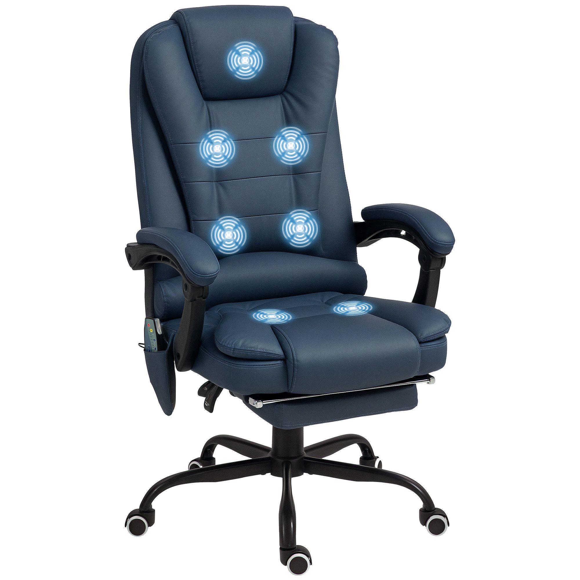 Vinsetto Schreibtischstuhl Bürostuhl mit Massagefunktion, Liege- & Wärmefunktion, Fußstütze (Bürostuhl, 1 St), 120 kg belastbar, für Arbeitszimmer, Büro, Blau