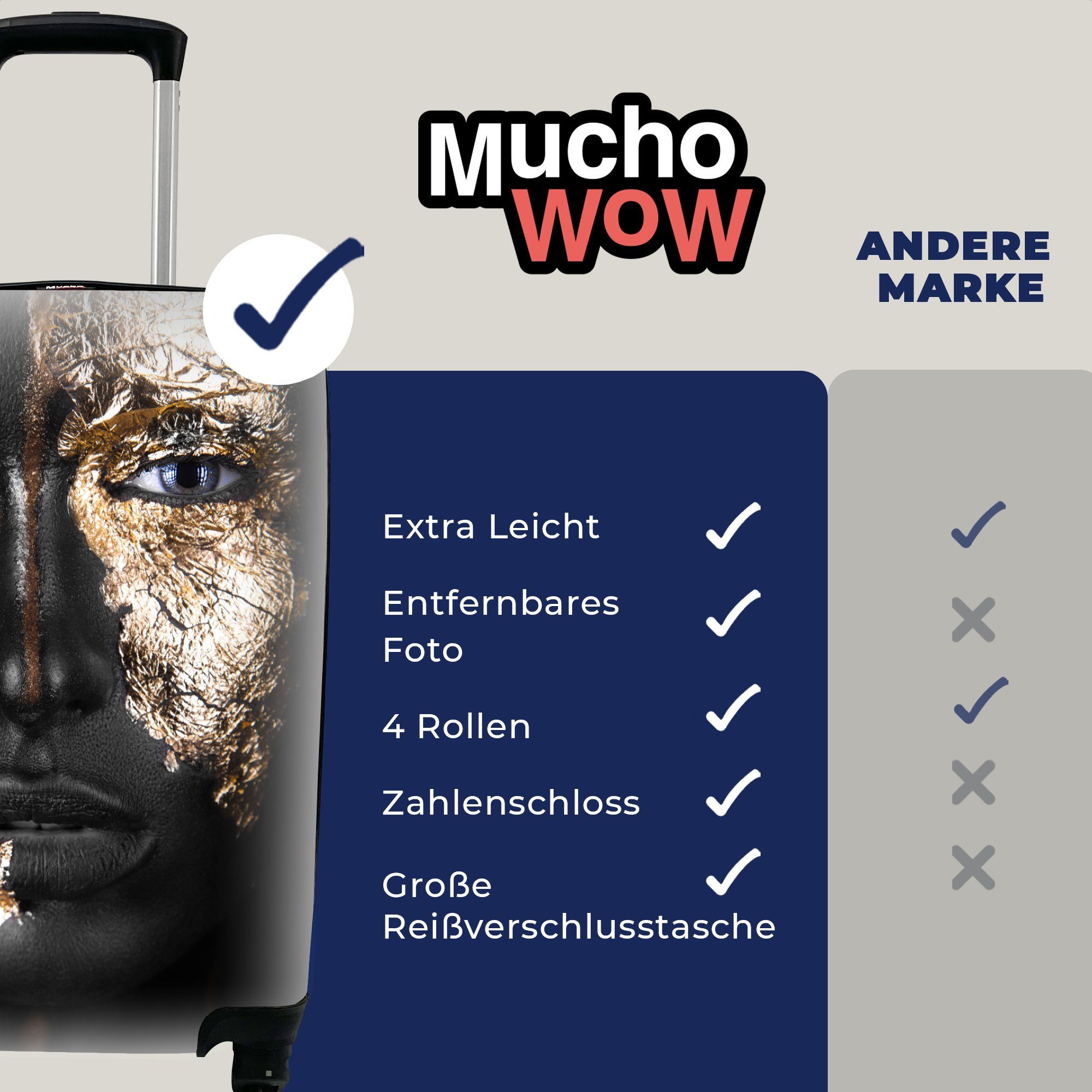 Handgepäck - mit für 4 Handgepäckkoffer Reisetasche Trolley, Frau Schwarz MuchoWow rollen, Rollen, und Ferien, Gold, Reisekoffer