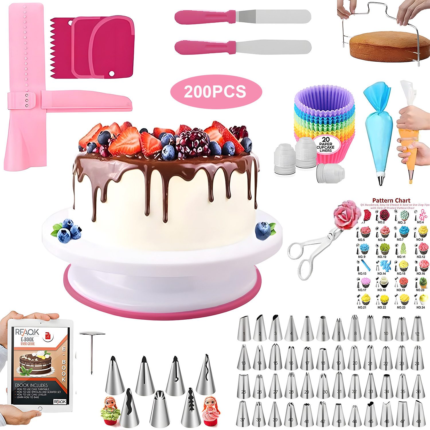SURFOU Spritzbeutel 200 Stücke Torten Zubehör Set Tortenplatte Drehbar Backzubehör Set (Spatel Muffinförmchen) mit Tortendrehscheibe und Spritztüllen Spritzbeutel Abgewinkelter
