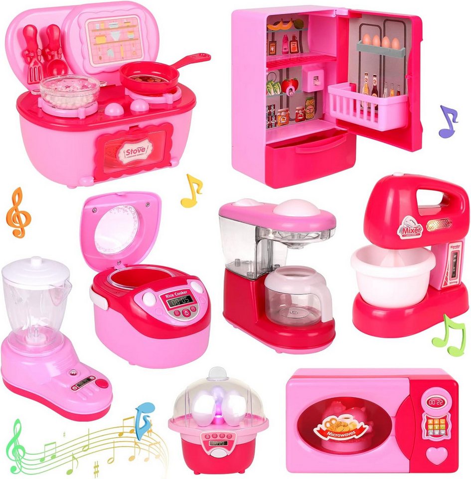 Greyghost Kinder-Küchenset Miniatur Puppenhaus Küche Spielset 10-teilig mit Kühlschrank Mixer, (Spielzeug Küchen- & Haushaltsgeräte Set für Puppenhaus, Miniatur-Küchenset für Puppenhaus, mit Licht & Sound), Realistisches Rollenspiel, Motorische Förderung,