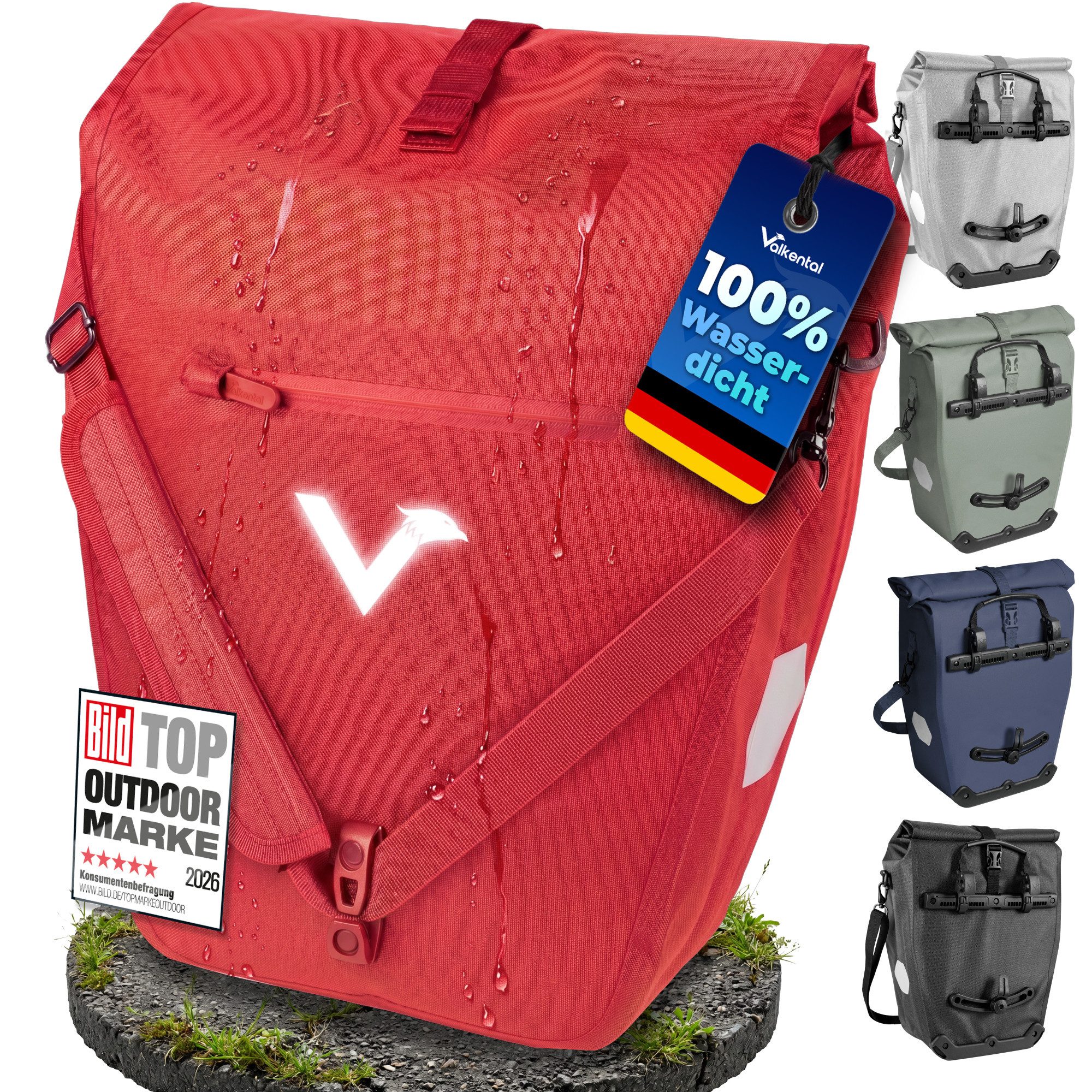 Valkental Fahrradtasche Gepäckträgertasche mit Umhängeschlauf, 2in1 wasserdicht, mit Rolltop Verschluss & Laptopfach 28L