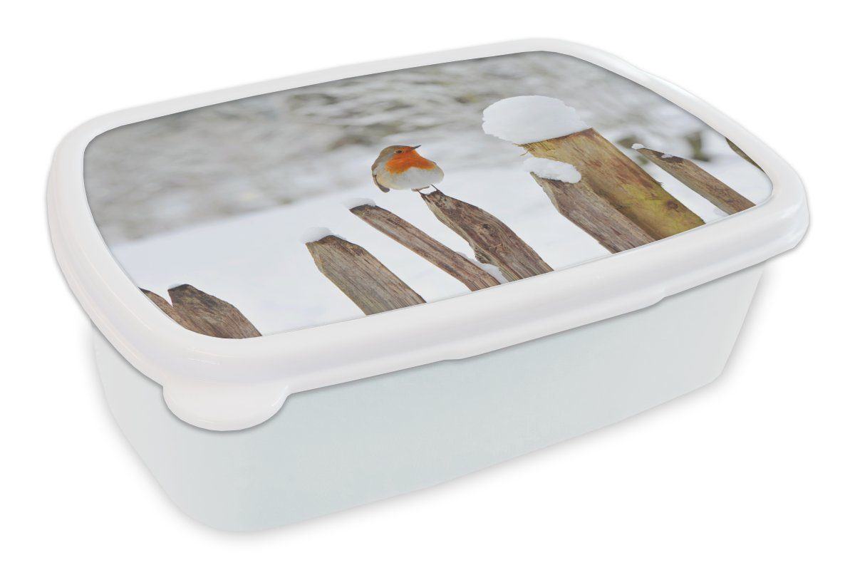 MuchoWow Lunchbox Vogel - Zaun - Schnee, Kunststoff, (2-tlg), Brotbox für Kinder und Erwachsene, Brotdose, für Jungs und Mädchen weiß