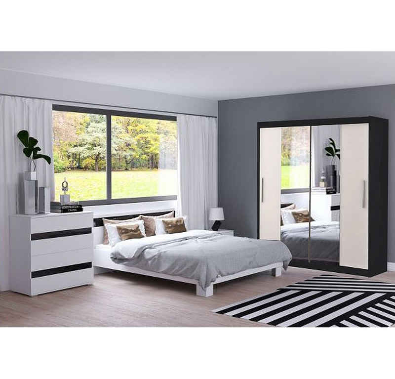 Polini Home Komplettschlafzimmer Schlafzimmer-Set in Weiß-Schwarz von Polini Home, mit Bettgestell Schwebetürenschrank und Kommode