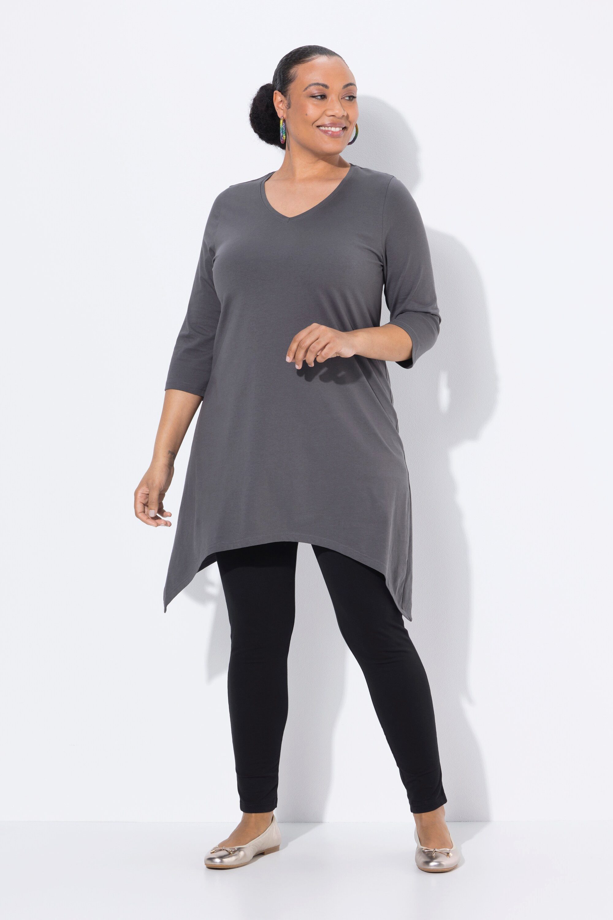 Ulla Popken Longshirt Longshirt Zipfelsaum A-Linie V-Ausschnitt 3/4-Arm günstig online kaufen